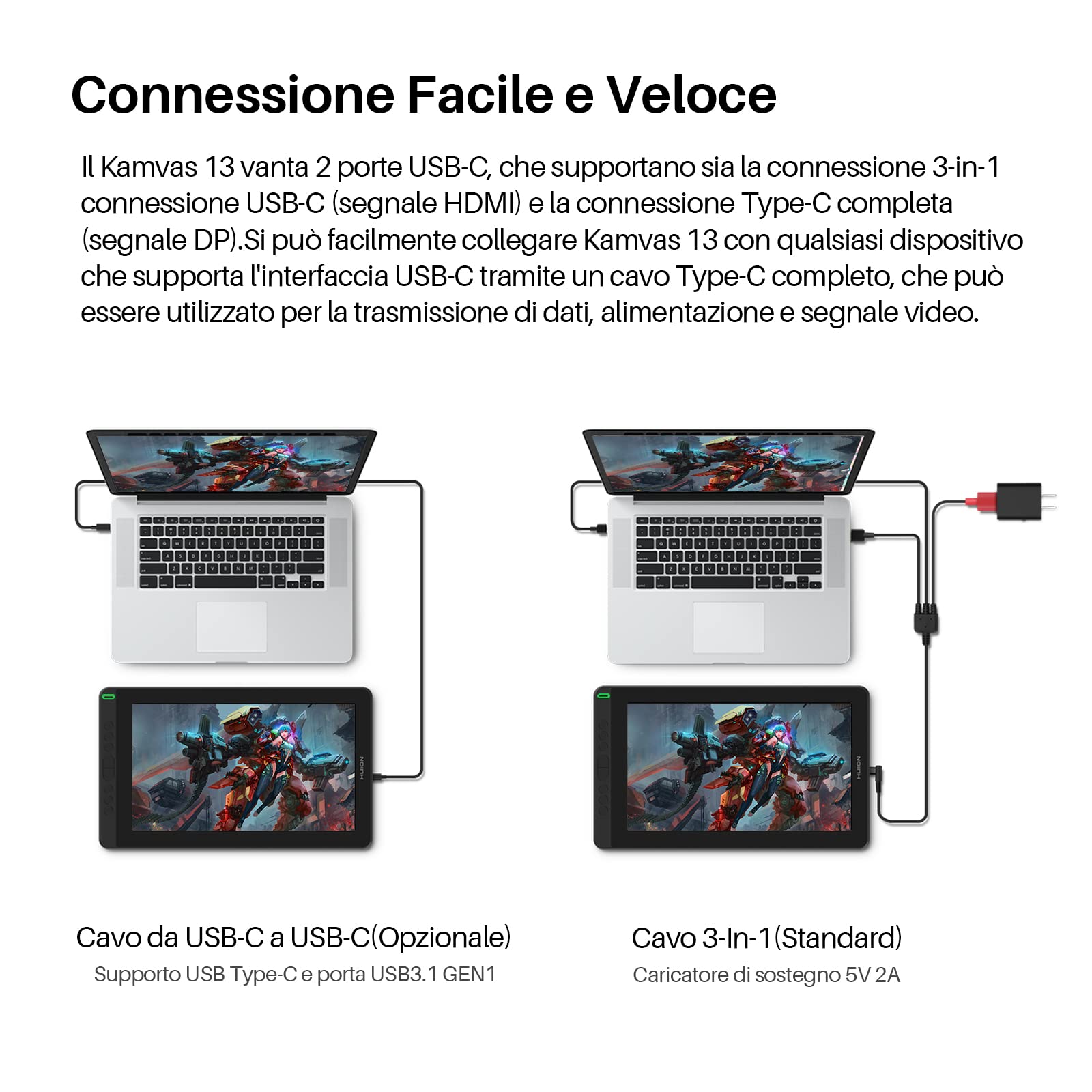 HUION Kamvas 13 Tavoletta Grafica con Schermo Compatibile con Android, Funzione di Inclinazione di ±60° Stilo Senza Batteria, 8 Tasti di Scelta Rapida, Supporto Regolabile - 13,3 Pollici (Nero)