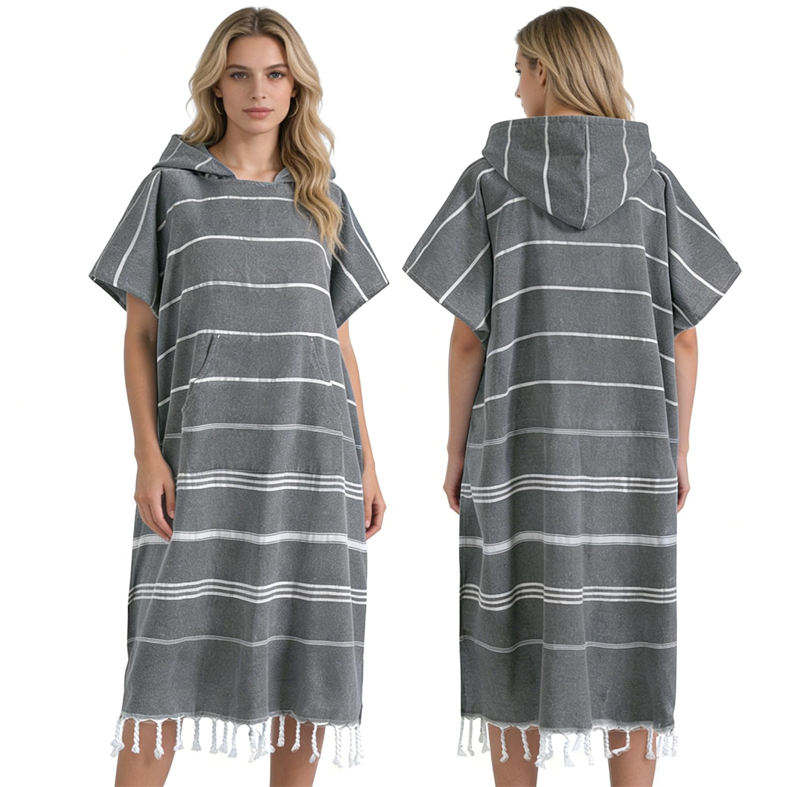 Photo 1 of 1pcs Cotton Turkish towel Poncho Surf Poncho Changing Towels Wearable Towel Hooded Swim Robe with Pocket Swim Cover Up Beach Towel for Adult Man Women Surf, Beach, Pool and Swim(Grey, L)