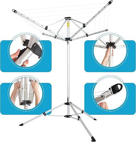 Miniatura 5 de JS HANGER Tendedero portátil de aluminio de 4 brazos con estaca de tierra, bolsa de transporte, 28 líneas con tendedero para paraguas de 65 pies