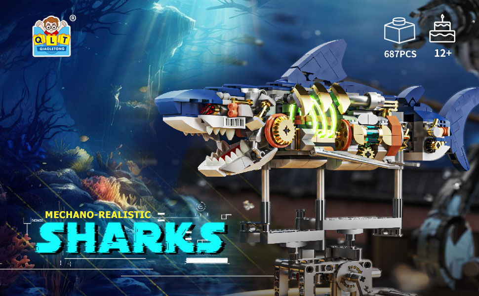 TYCOLE Mechanical Shark Building Set - 699 Piece STEM Toy With Rotatable Function & Display Stand