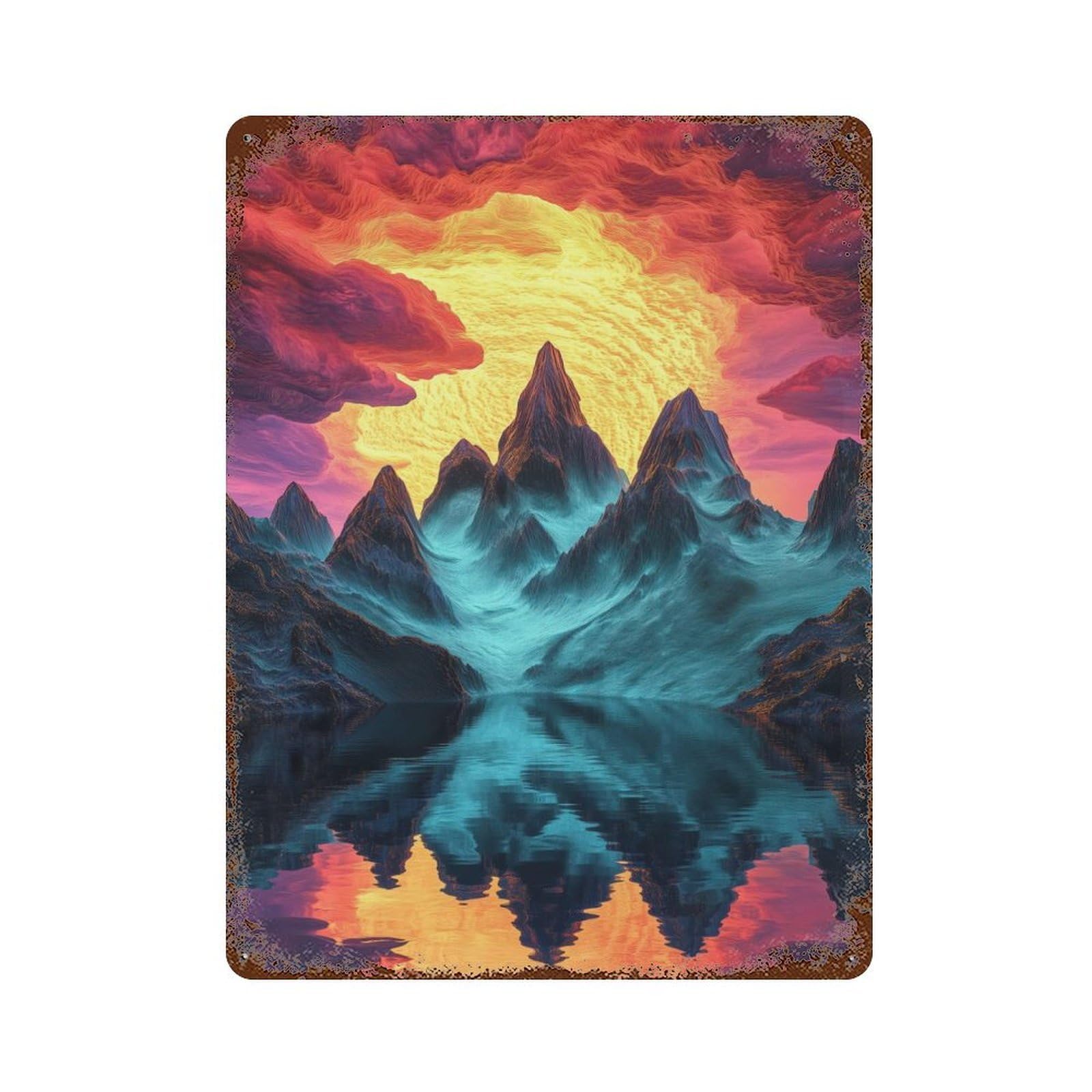 Mountain Sunset Reflection Rusty Metal Tin Sign 15.7"x11.8", for Basement, Hobby Room And Garage Decor, Retro Wall Decor