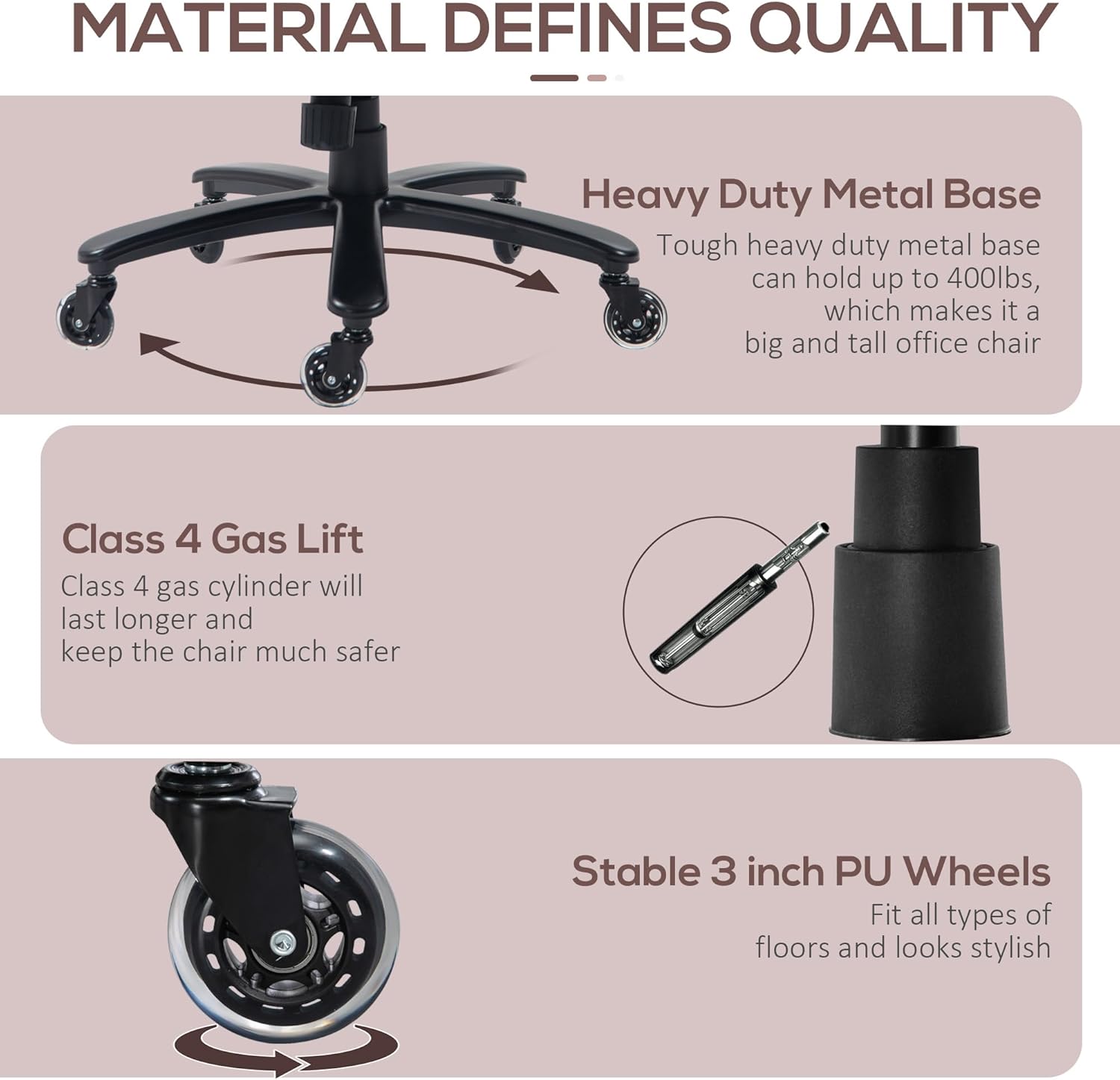 Close-up of the chair's heavy-duty metal base, Class 4 gas lift, and stable 3-inch PU wheels
