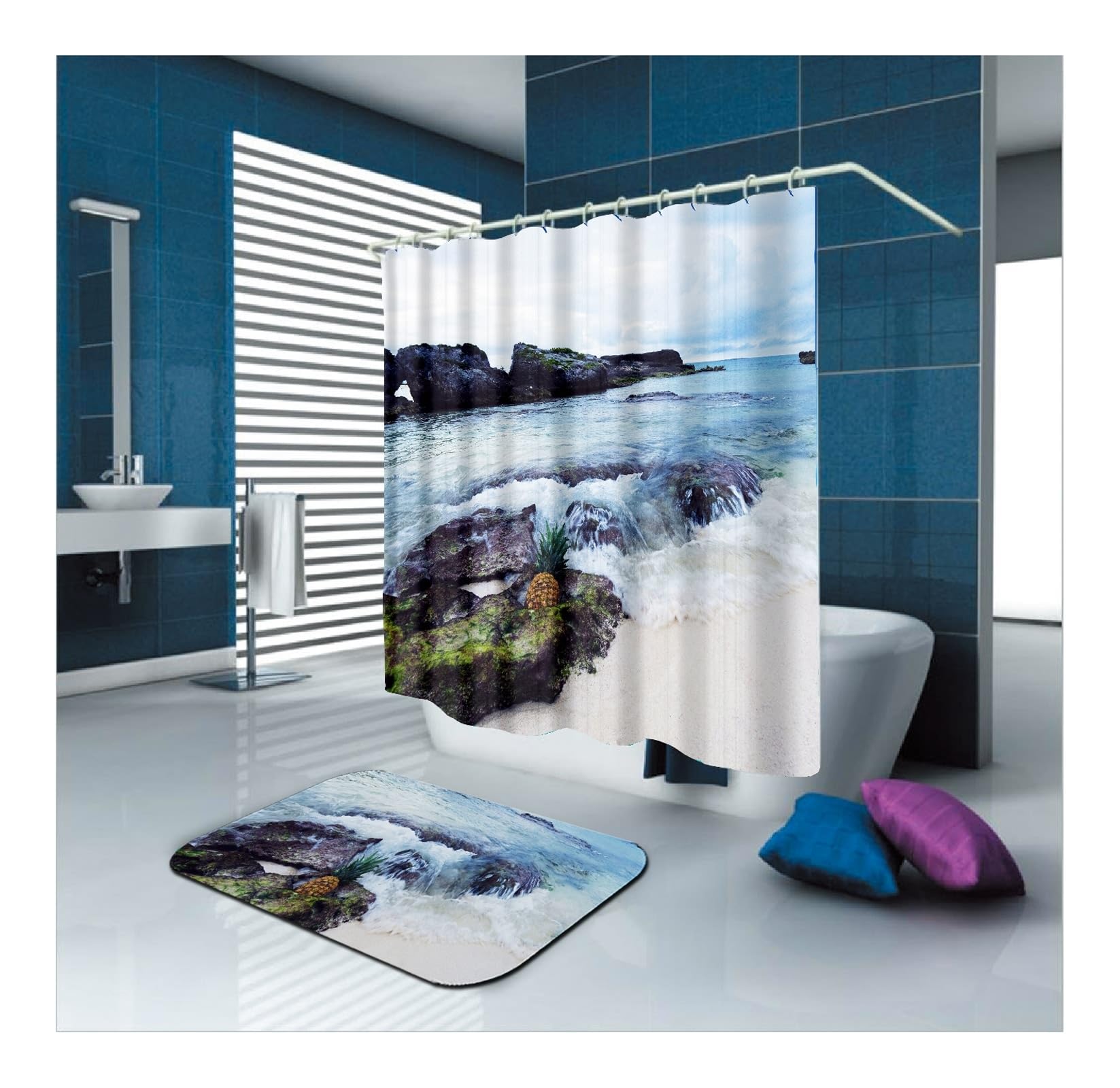 Cortina de ducha azul 165 x 180 cm textil, ondulada de piña, patrón de piedra, cortina de baño para bañera y ducha, poliéster, antimoho, impermeable y lavable