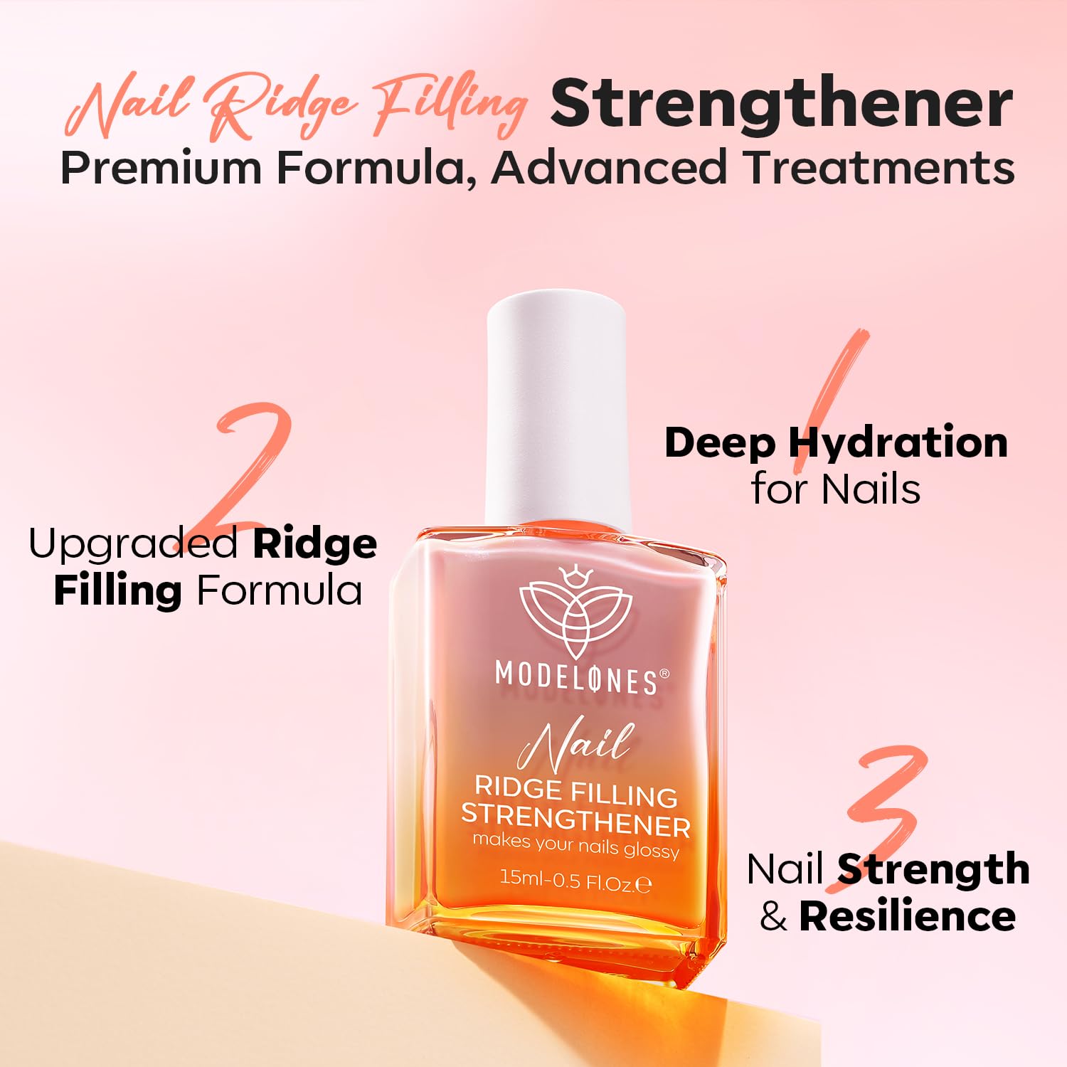 Modelones Nail Care 8 in one Ridge Filling Strengthener Treatment, Nail Polish Strengthener for Damaged and Weak Nail, Nail Hardener Extra Strong and Growth Smoothing Base Coat Jelly Nude Varnish 15ml — view 2