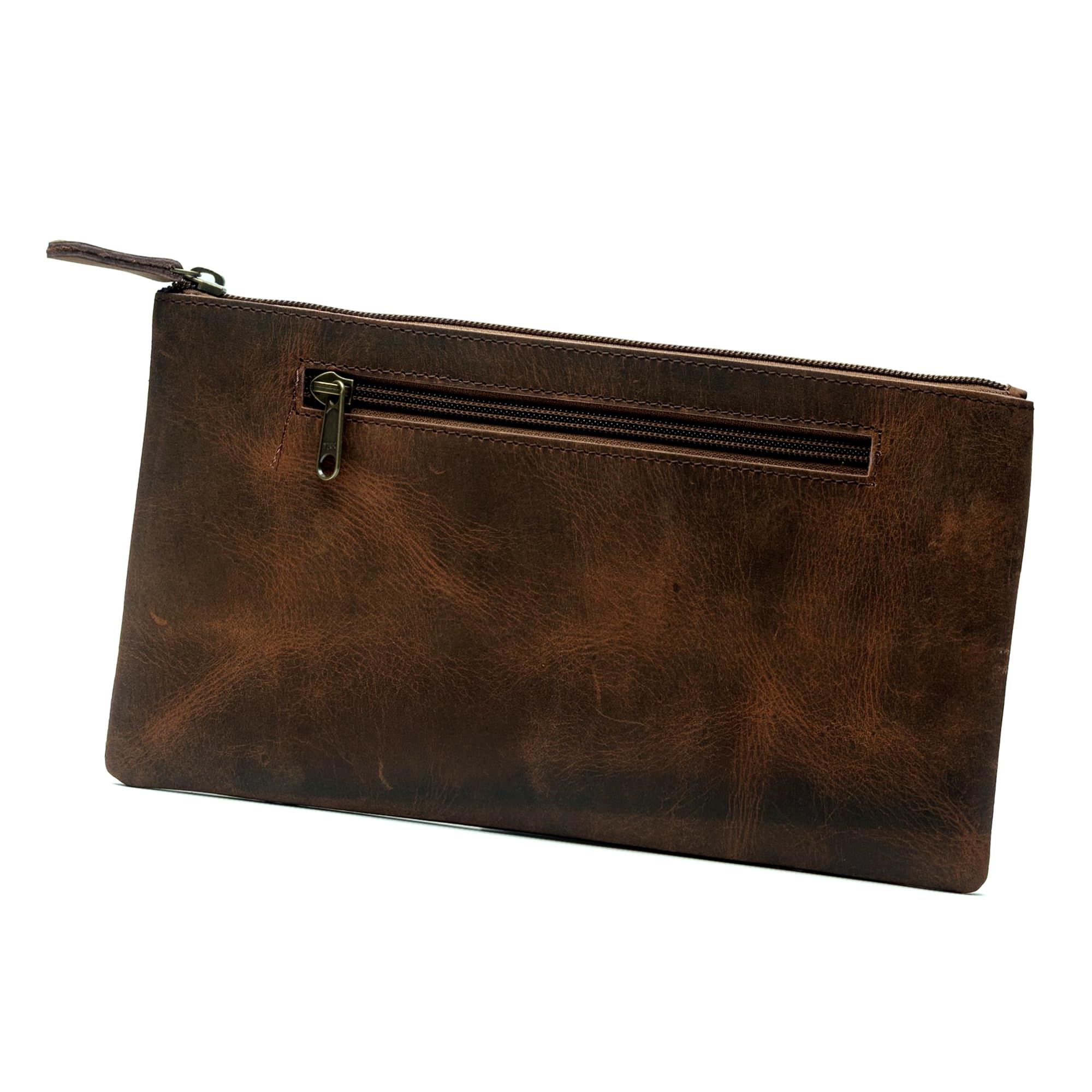 WANDERINGS Vintage Leather Pencil Pouch Case - Large 11"x6.25" / 2816 cm - Hand Crafted Functional Brown Leather Zipper Pouch - Slim Pencil Case Holder for Men and Women