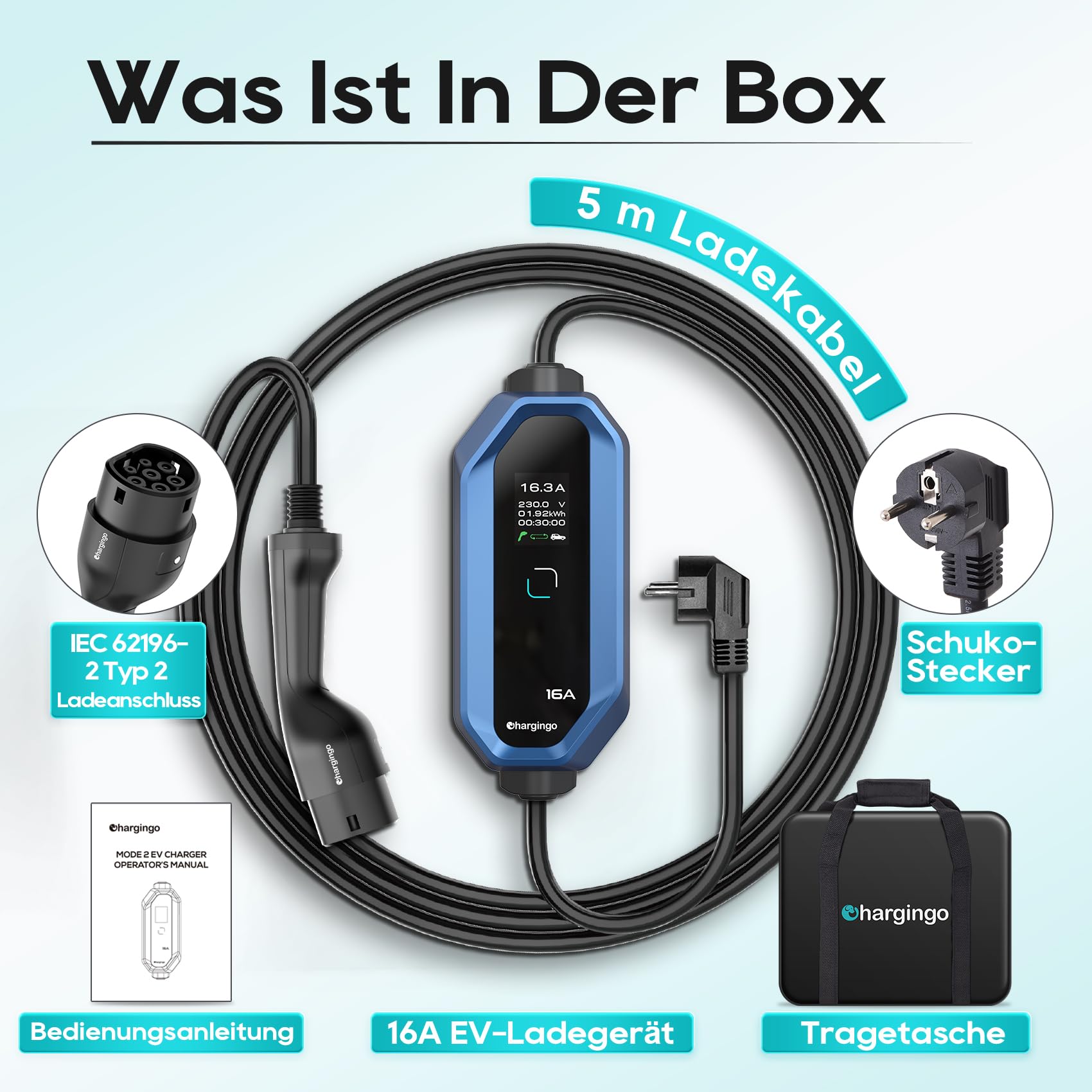 Typ 2 Ladekabel Schuko 3,68kW 6-16A Einstellbarer Strom mit LCD-Display, 5M Kabel, Tragbares EV Ladegerät für Allen Elektroautos IEC 62196-2 Typ 2 und CCS2-Stecker, IP65