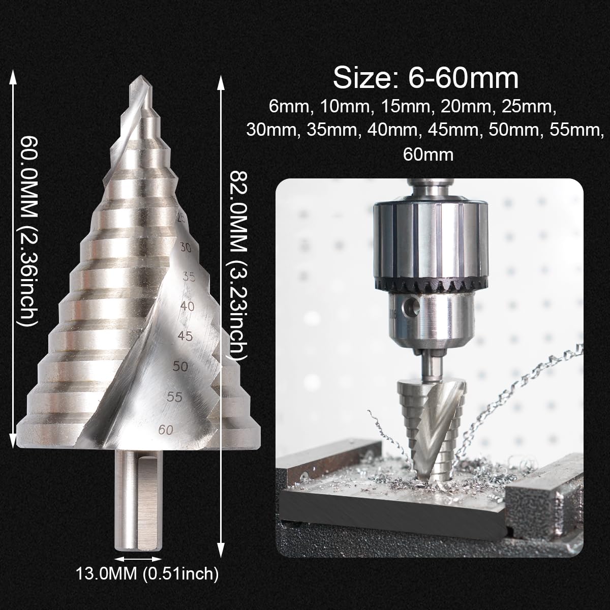 Broca Escalonada Plata(6mm-60mm), Acero Rápido 13 Pasos Mango Redondo Ranurado Broca Escalonada, Broca Espiral Herramienta Cortadora de Agujeros Para Madera, Acero Inoxidable, Chapa Metálica