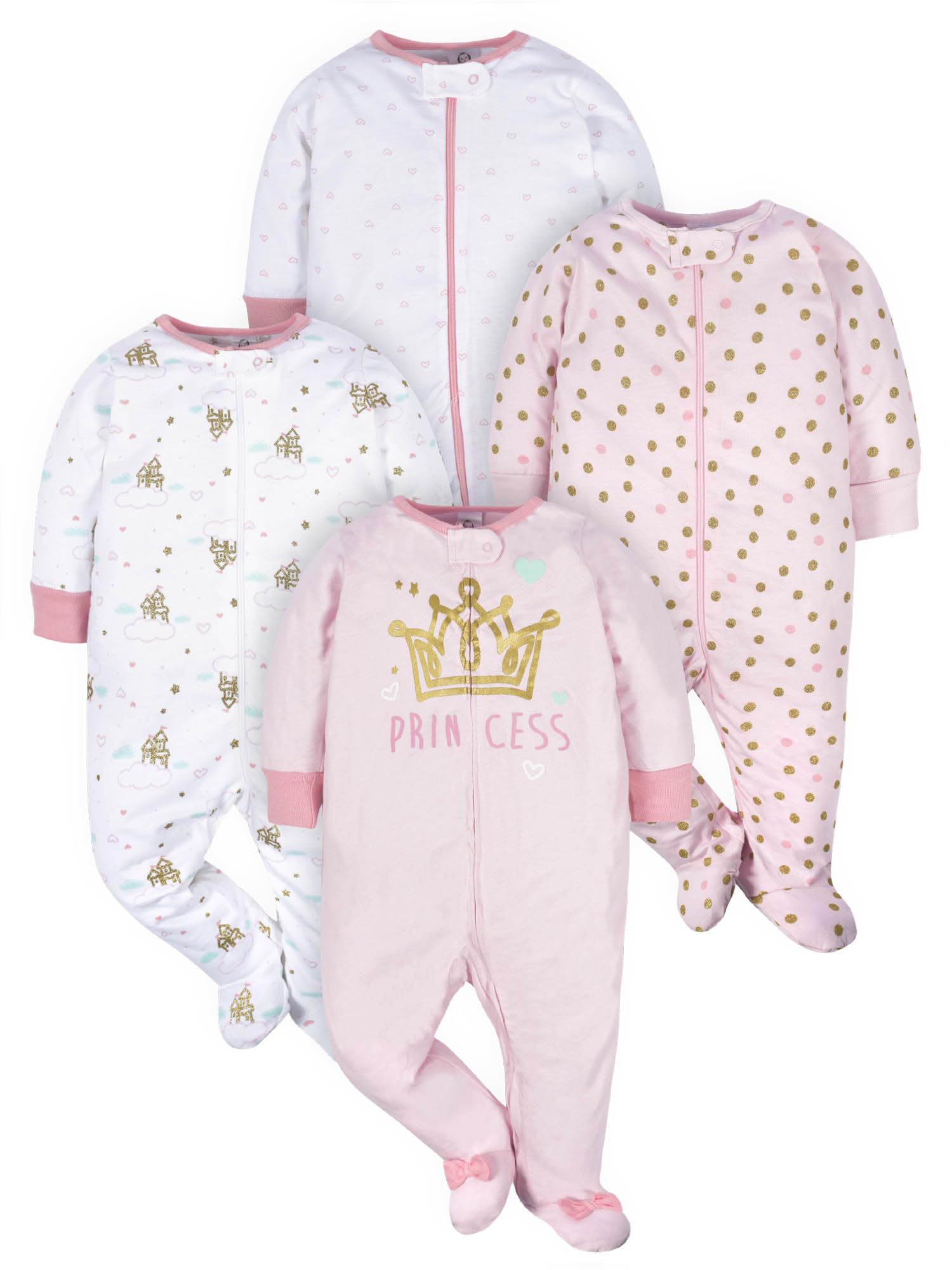 Gerber Baby Mädchen 4er-Pack Sleep'N Play Strampler und Kleinkind-Schlafanzüge, Castle, Neugeboren