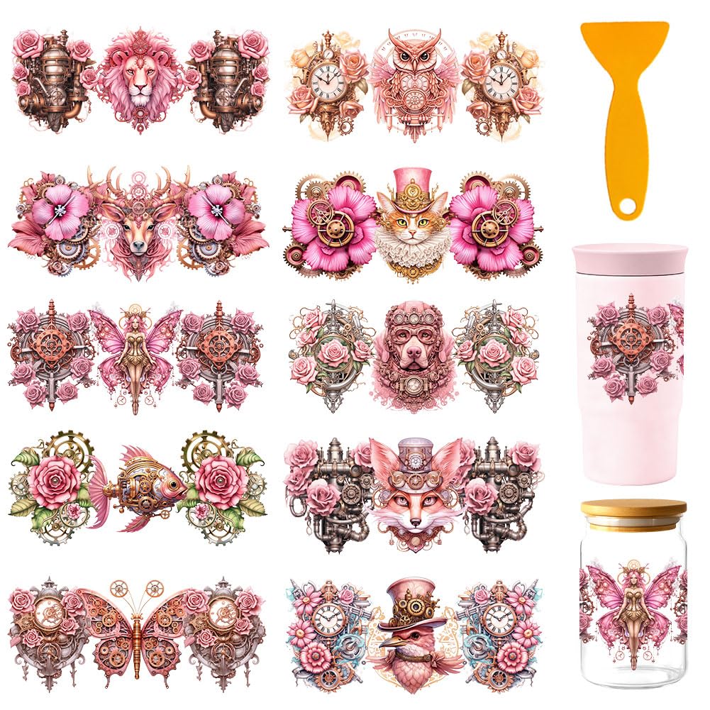 Diseños florales y mecánicos UV DTF: calcomanías impermeables para renovar cajones y manualidades