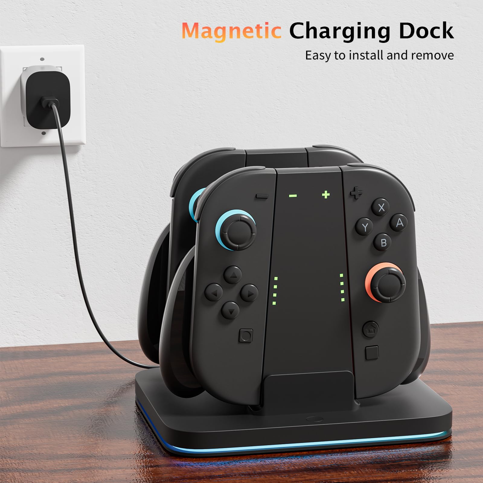 COOWPS 3-In-1 Ladegriff Und Dock für Nintendo Switch 2 Joy-Con (2025) – Mit Ergonomischem Komfort-Griff, Starker Magnetkraft, Schnelllade-Dock, 9 RGB-Licht-Modi & USB-C-Kabel