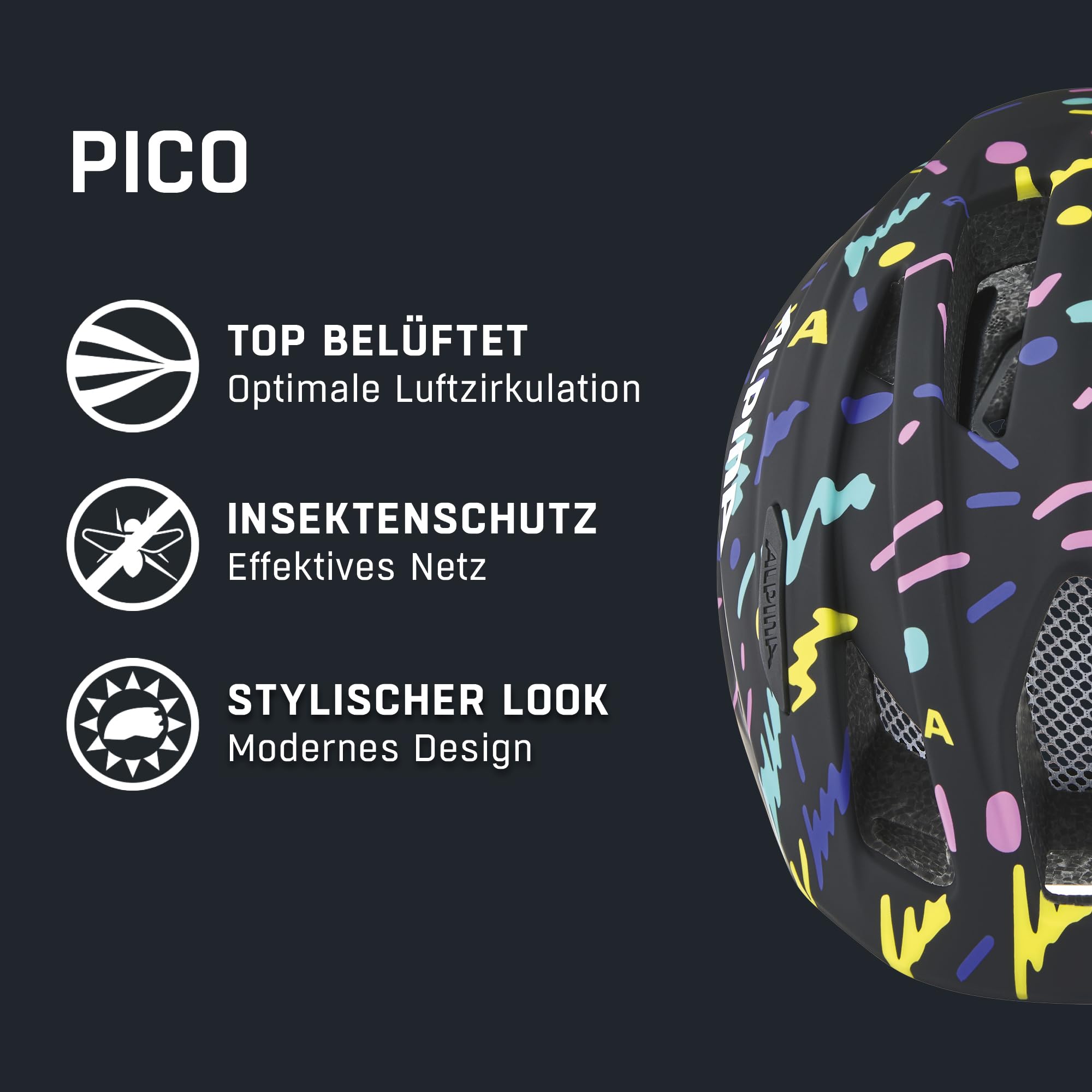 ALPINA PICO, Black-Confetti Gloss, 50-55 cm, Casque de Cyclisme Robuste pour Enfants, Ajustable Individuellement.