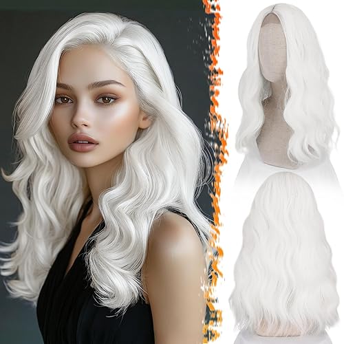 BARSDAR Medium Length White Wigs - 18 Inch Wavy White Wig for Women, Middle Part Natural Soft Wave Synthetic Shoulder Length Wavy Wigs Cosplay Party Halloween Wig - 18 Inch - White