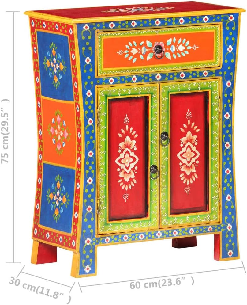 Hand Painted Mango Wood Sideboard Cabinet 23.6x11.8x29.5 Inches Solid Wood Storage with Doors and Drawer