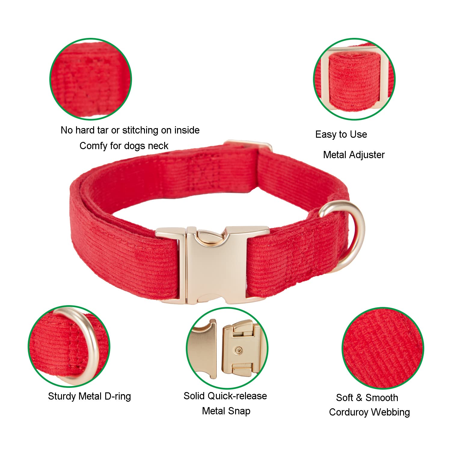 YUDOTE Collare per cani ultra morbido in velluto a coste di cotone naturale realizzato per cani di taglia grande con pelle sensibile, rosso