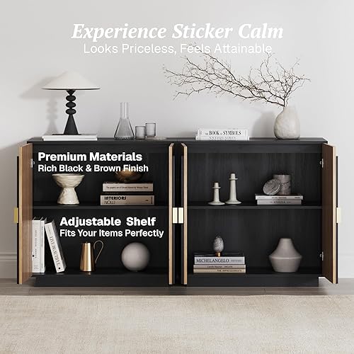 Miniatura 4 de BELLEZE Aparador modular acanalado con almacenamiento, mesa consola moderna de mediados de siglo con puertas arqueadas simétricas, elegante credenza