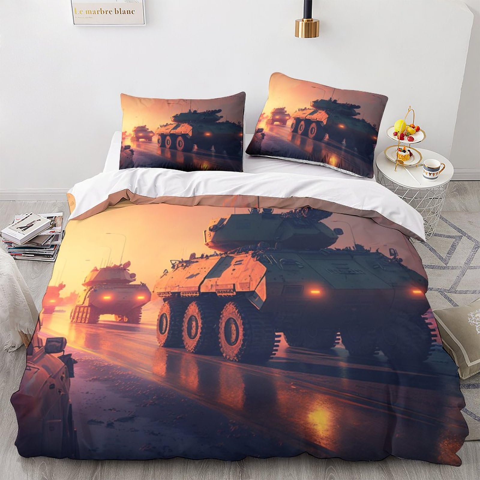 OPSREY Tank Breathable Duvet Cover Set Hidden Zipper Armoured Quilt Cover Set with Pillowcases Bedding Set Soft Microfiber Comforter Cover for Various Sizes Beds King（220x240cm）