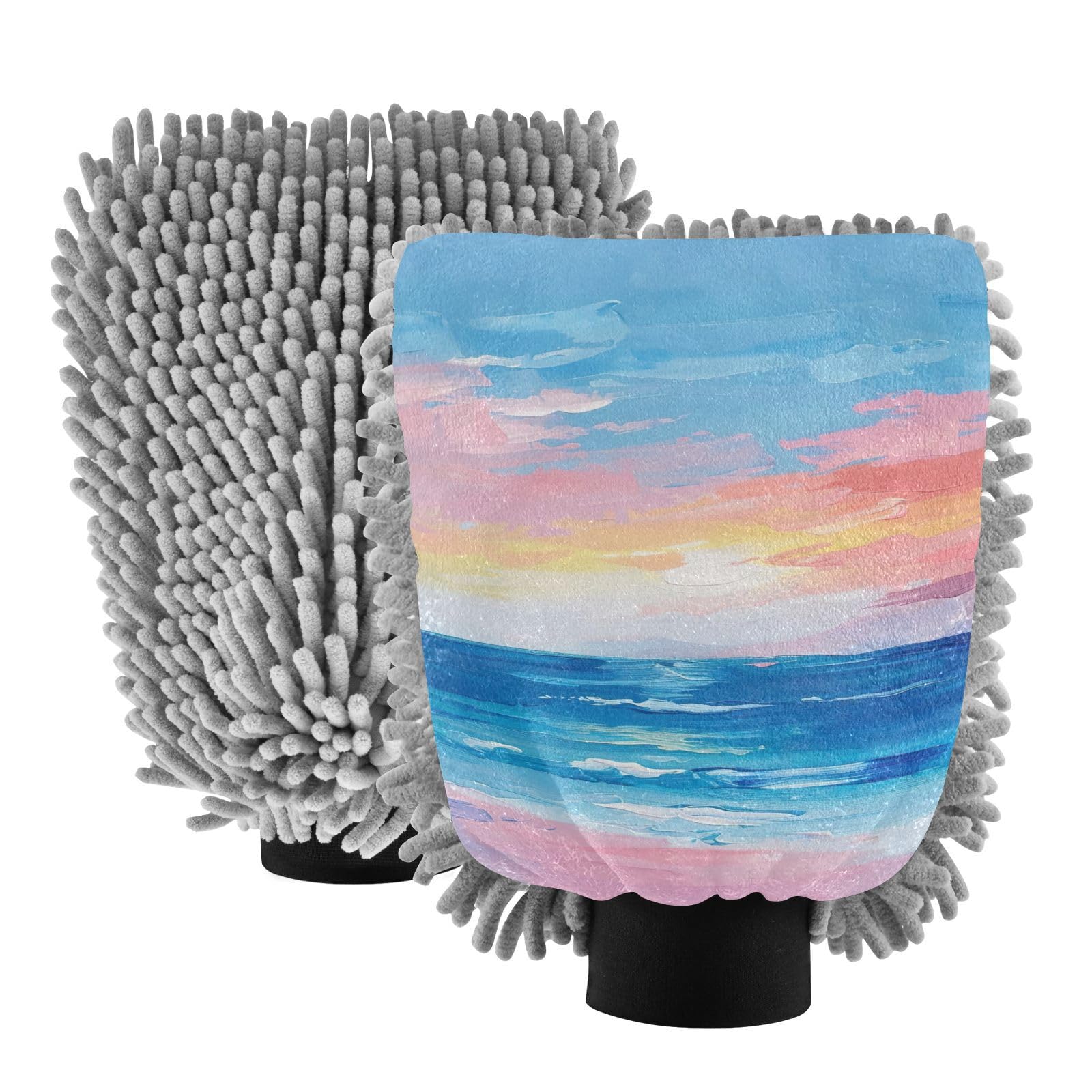GakkiGii Watercolor Seaside 2 Pack Microfiber Car Wash Mitts, Dual-Sided Chenille Gloves, Scratch-Free for Auto Detailing & Home Cleaning, L