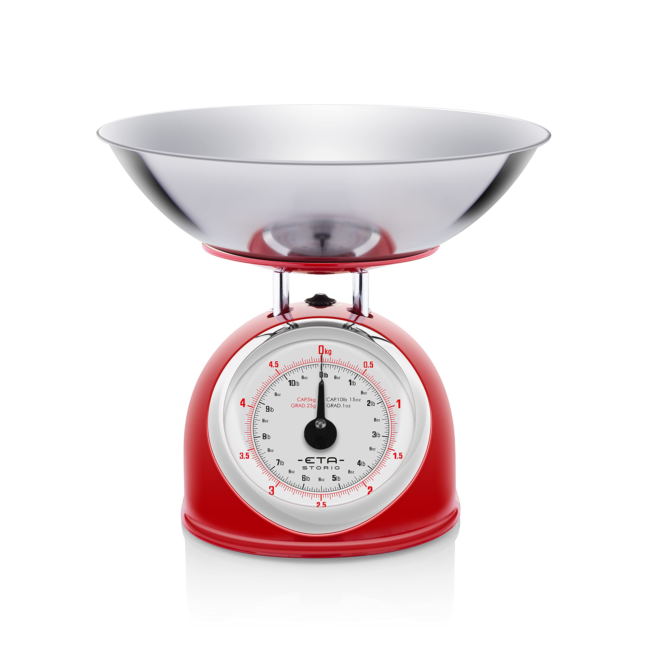 ETA STORIO - Báscula de Cocina Analógica Pesa Comida (Cuenco de Acero Inoxidable, 2 l, máx. 5 kg), Color Rojo