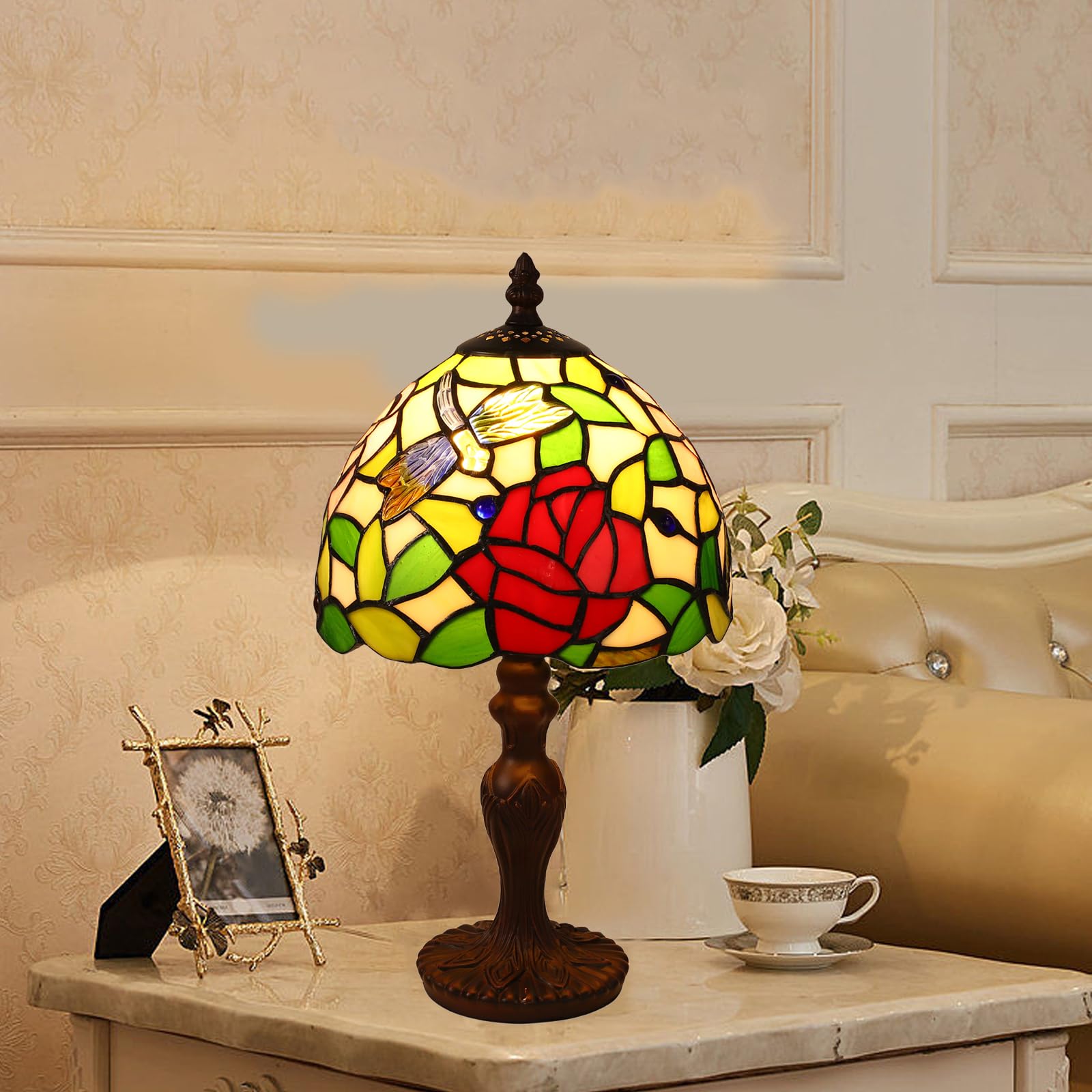 Lampada Tiffany, Lampada da Tavolo Tiffany con Paralume in Vetro Colorato, per Soggiorno, Camera da Letto, Studio e Tavolino da Caffè