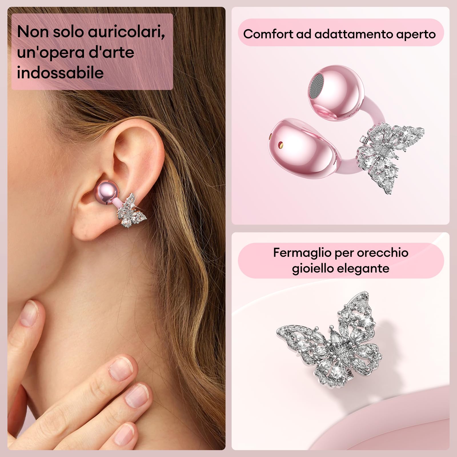 ZOMBIES CAT Cuffie Open Ear Clip-on con Schermo Touch & Orecchini Farfalla Rimovibile – Auricolari Bluetooth 5.4, Audio HiFi, Auricolari Open Ear Design Elegante per Sport e Tempo Libero, M100 Rosa