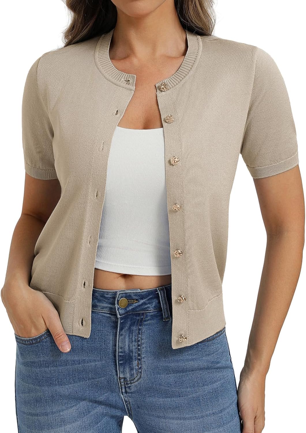 Belle Poque Women Short Sleeve Cardigan Sweater Lithtweight Crewneck Button Up Summer Cardigan