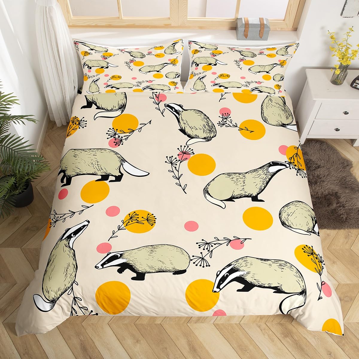 Cartoon Animals Duvet Cover Double Size,Girls Comforter Cover Cute Badgers Printed Bedding Set for Boys Women Woodland Wild Animals Quilt Cover Pink Orange Polka Dots Quilt Cover Kids Bedroom Decor