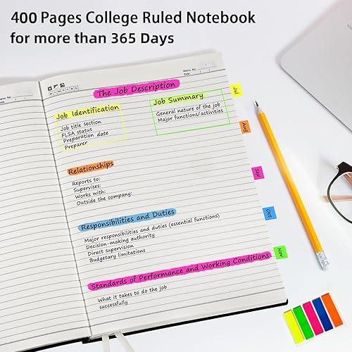 Miniatura 10 de Amanple Cuaderno A4, 400 páginas, cuaderno con rayas universitarias, diario de cuero para escribir, 8.5 x 11 pulgadas, 125 pestañas adhesivas,