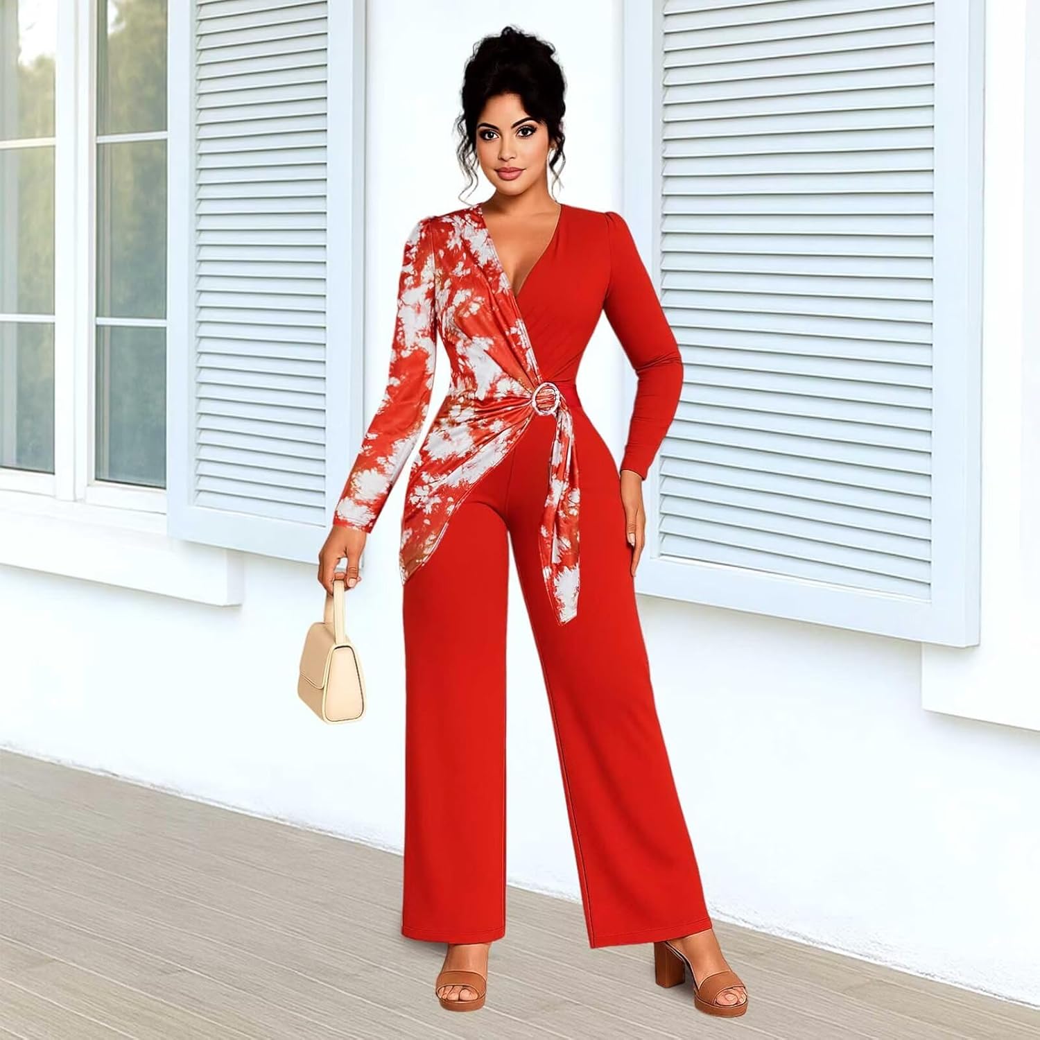 Wide Leg Jumpsuits for Women Dressy Long Sleeve Wrap V Neck Floral Print Jumpsuit Romper with Pockets - Image 4