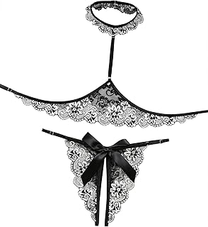 Lilosy Sexy Bow Choker Halter Floral Lace Sheer Lingerie Set for Women See Through Bra and Panty 2 Piece