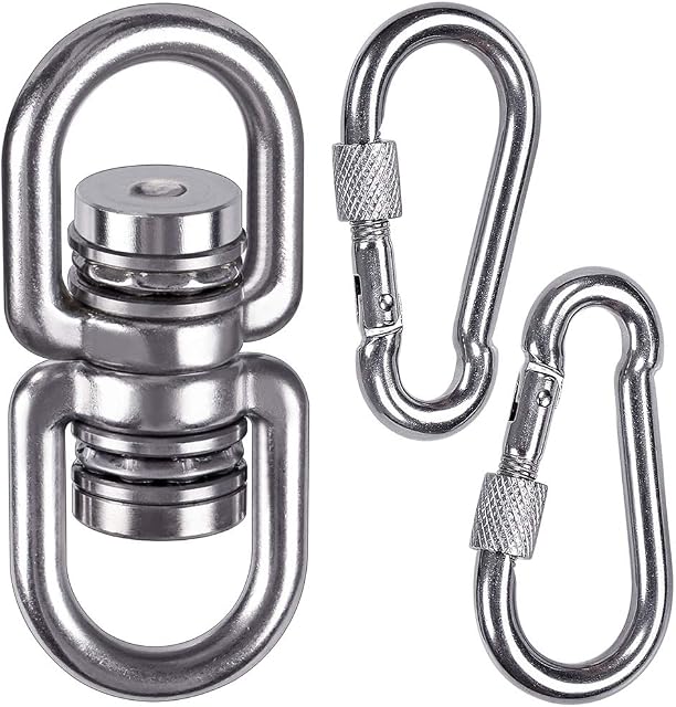 SELEWARE Permanent Antirust Stainless Steel Bearing Swing Swivel w/ 2 Carabiners, 540kg 360° Rotational Device Hanging Accessory for Tree Swing, Hammock Chair, Climbing Rope, Yoga, Kids Swing Swivel