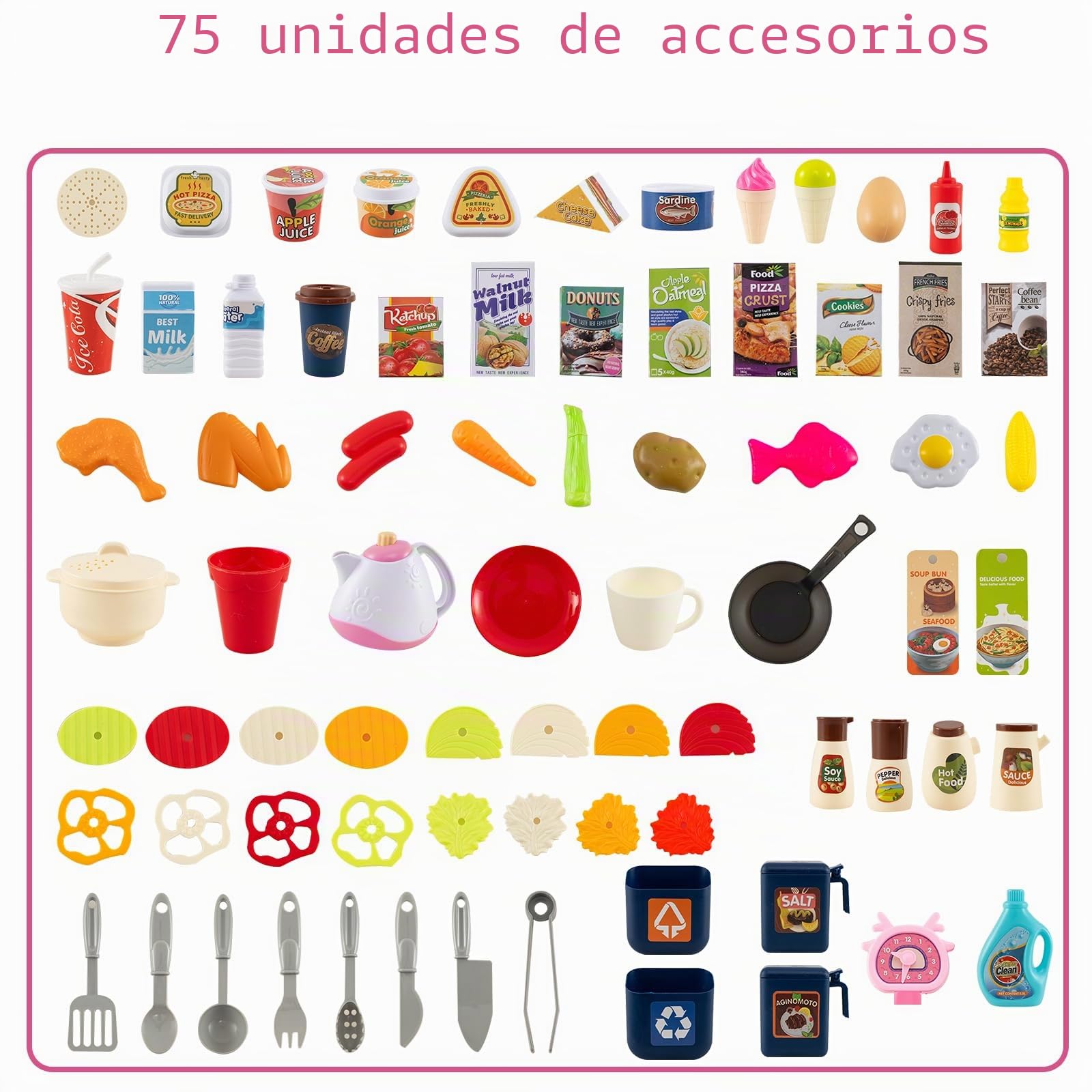 HOMASIS Cocina de Juguete con Sonidos y Luces, Juego de rol de Cocina con 75 Piezas, Agua al Vapor, Grifo con Agua y Fregadero, para Niños a Partir de 3 Años (Rosa)