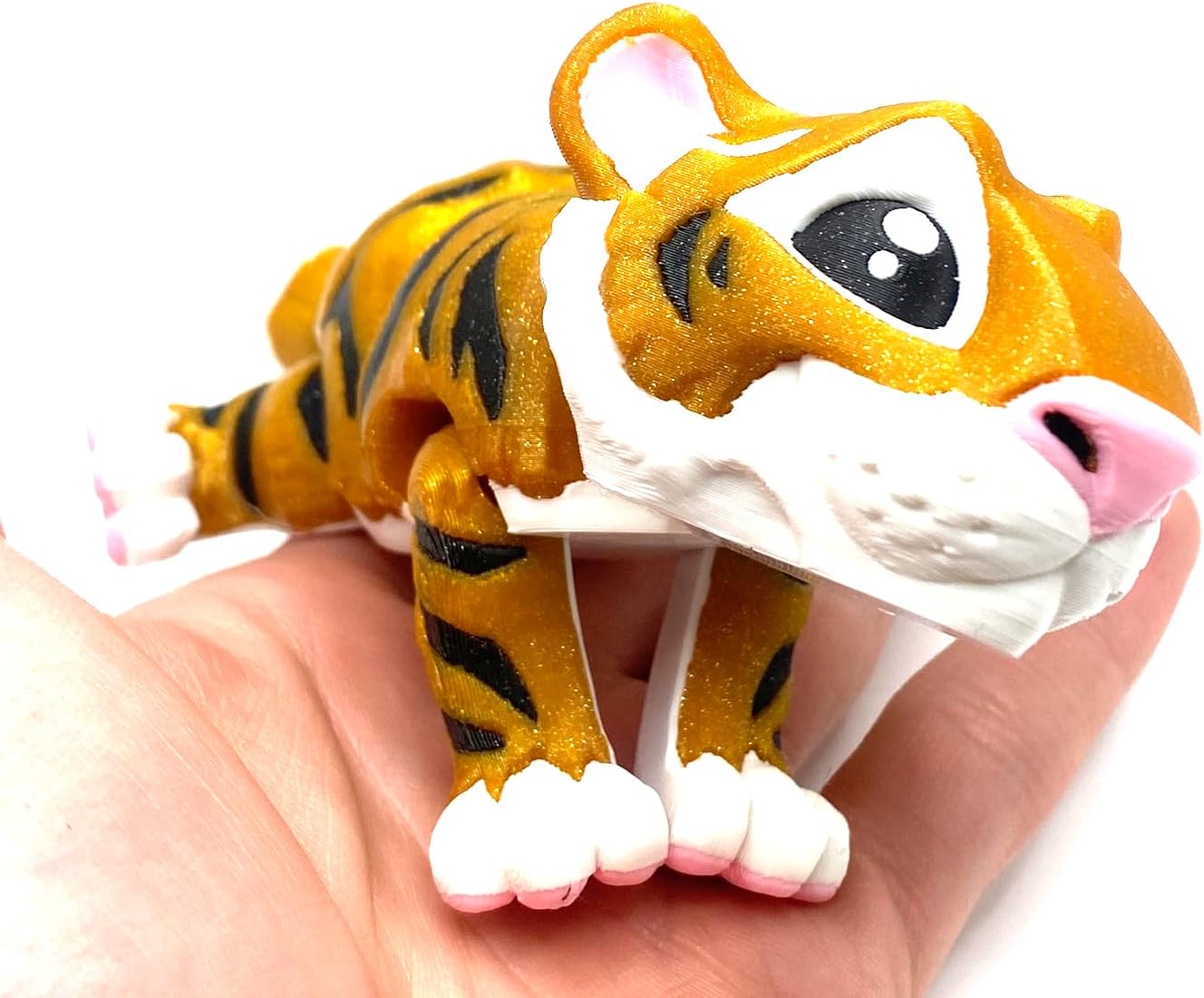 3D Printed Baby Tiger Toy for Kids and Adults (SparkleGold + White)