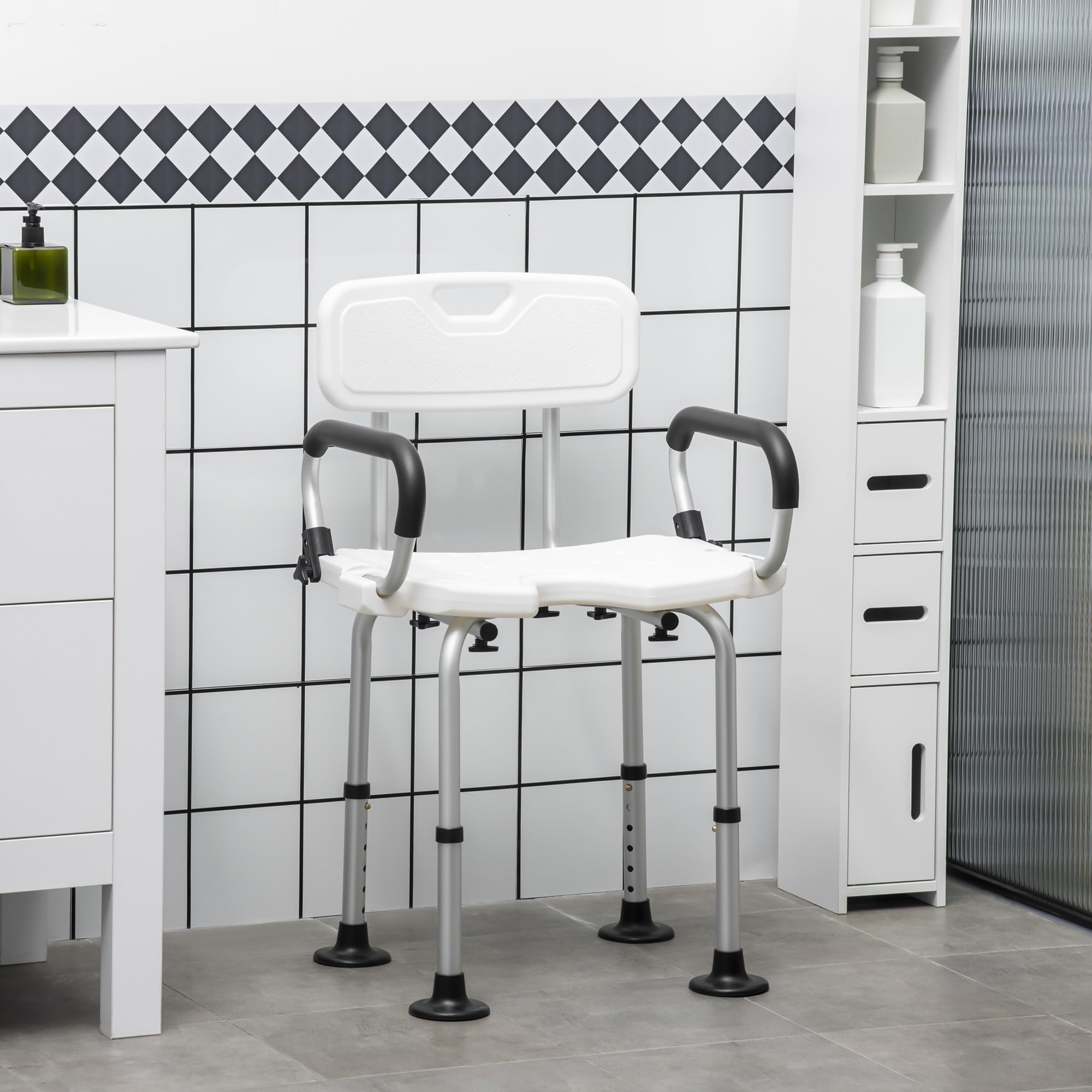 HOMCOM Silla Ducha Personas Mayores Antideslizante con Respaldo 136 kg | Taburete de Ducha, Altura Ajustable, Asiento en U, Apoyabrazos Abatible