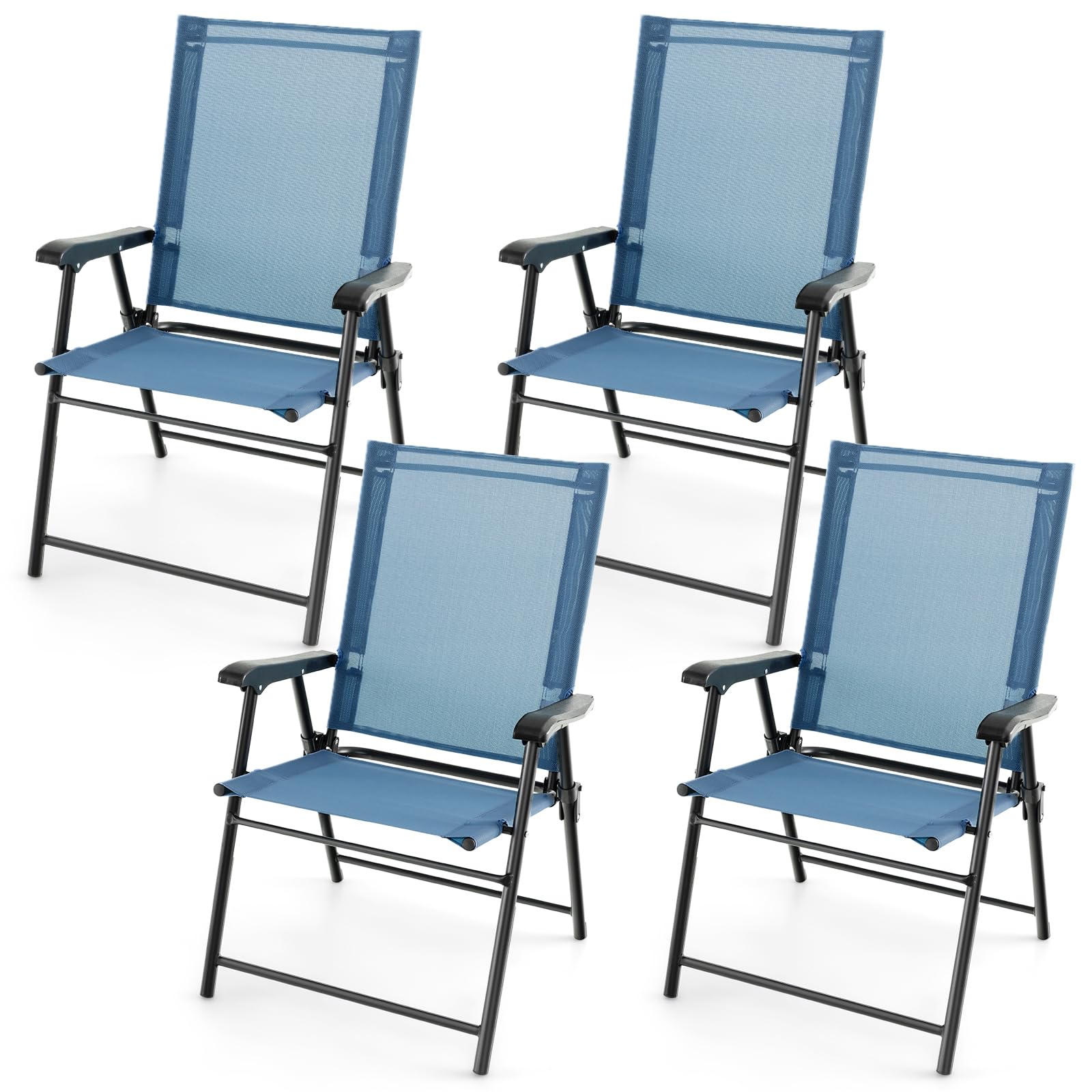 GOPLUS Lot de 2 Chaises de Jardin Exterieur Pliante avec Accoudoirs, Tissu Respirant & Cadre Métallique, Fauteuil de Jardin Léger et Portatives, Idéal pour Patio, Terrasse (2, Bleu, 65 x 60 x 93 cm)