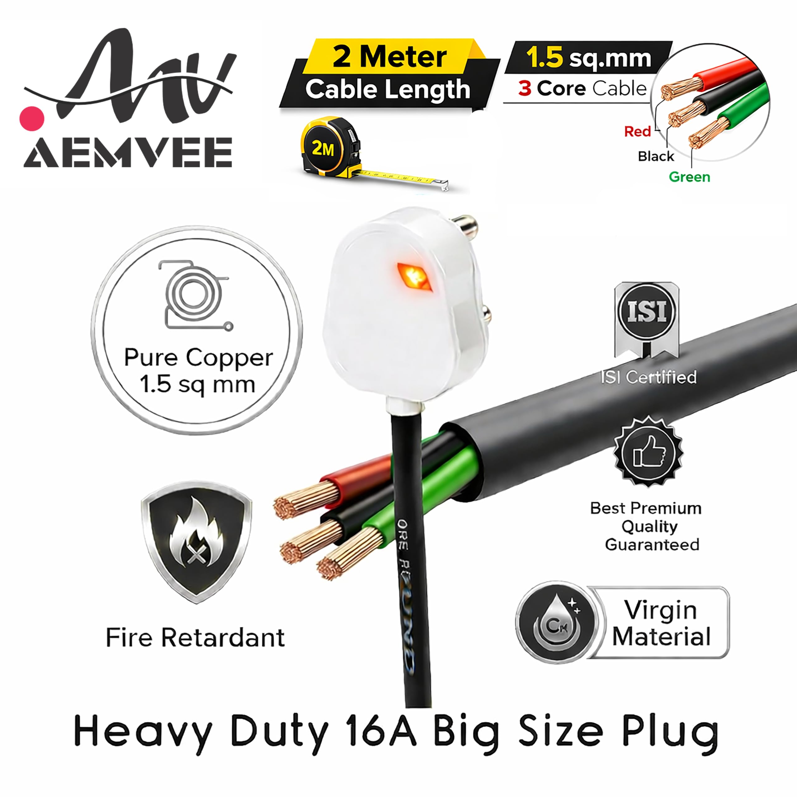 16 Amp Extension Cord - Heavy Duty 1.5 Sq.MM 2 Meter Wire (2200W), 16A Extension Board, Dual 16A/20A Multi Plug Socket with Two Switches(2200W), Ideal for Home Office Use, Board & Switches — Amazon image 3