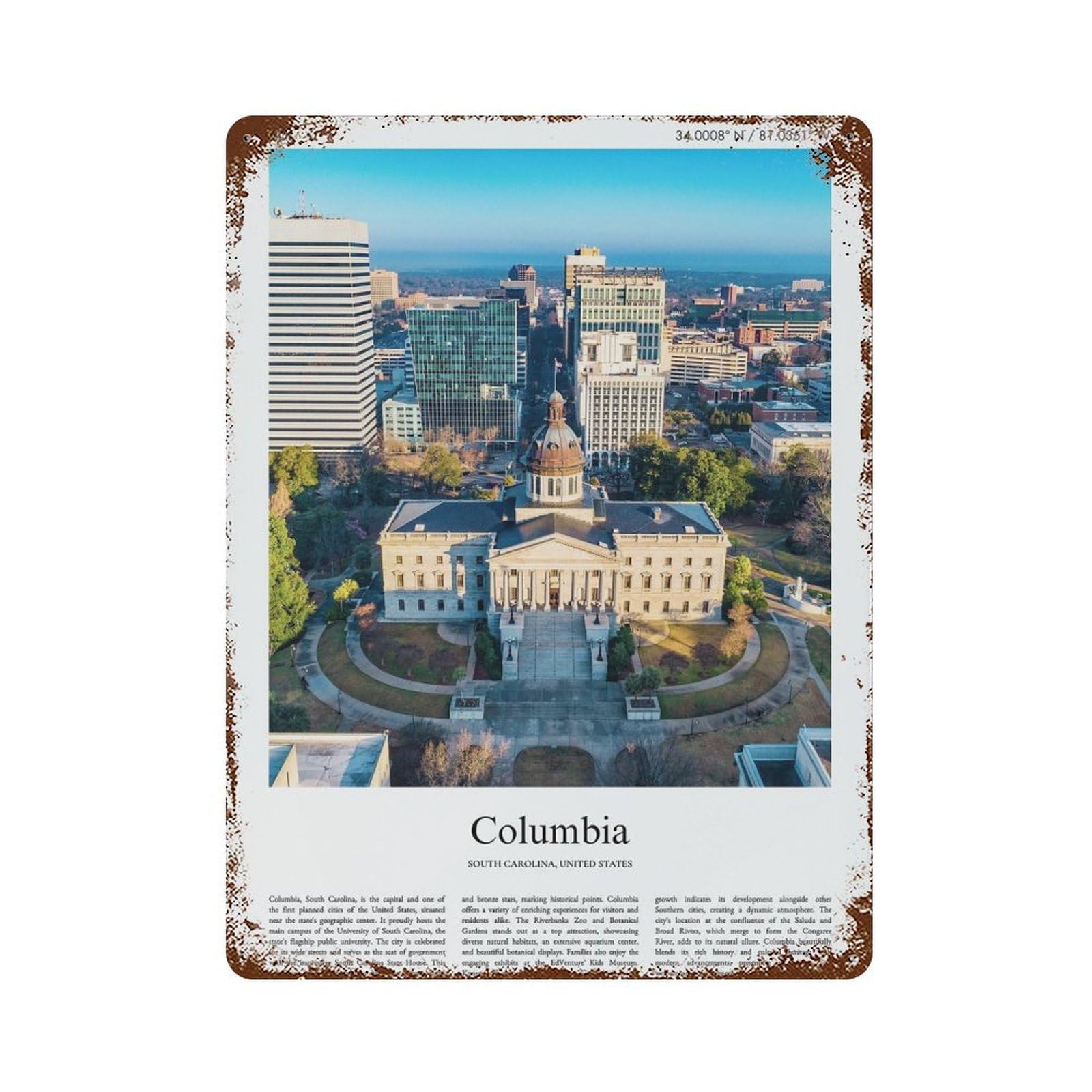 xiaoxiaoshen Columbia South Carolina, United States, USA City Scenery Wall Decor Art Metal Tin Poster Modern Home Decor Art Home Bar Shop Decorations Vintage Sign 40x30cm
