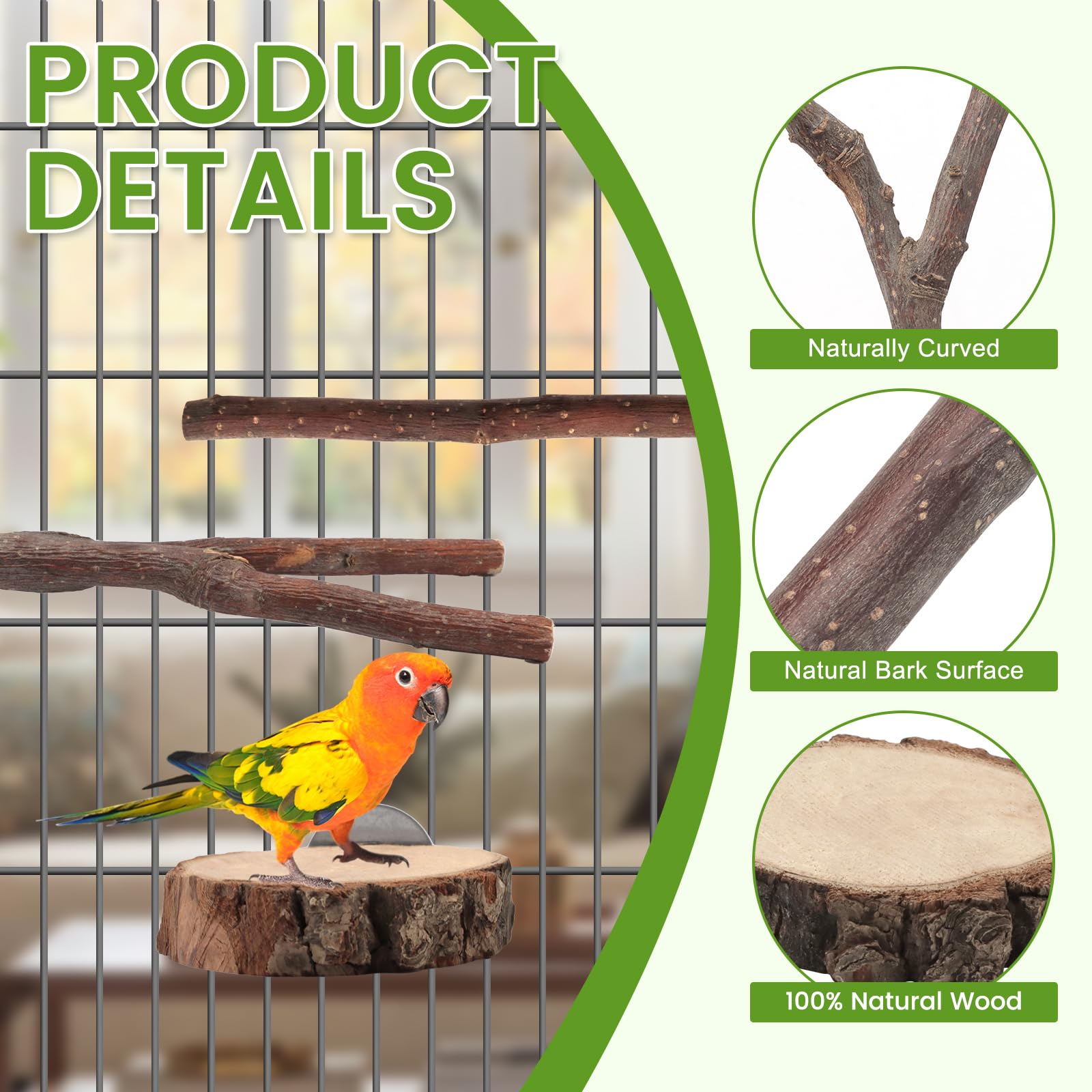 BILLIOTEAM 9PCS Apple Wood Bird Perches, Natural Parrot Stand & Chewing Toy with Multi-Branch, Straight Perch Stand, Platform & Climbing Rope, Cage Accessories for Parakeets, Cockatiels, Budgies - image 3