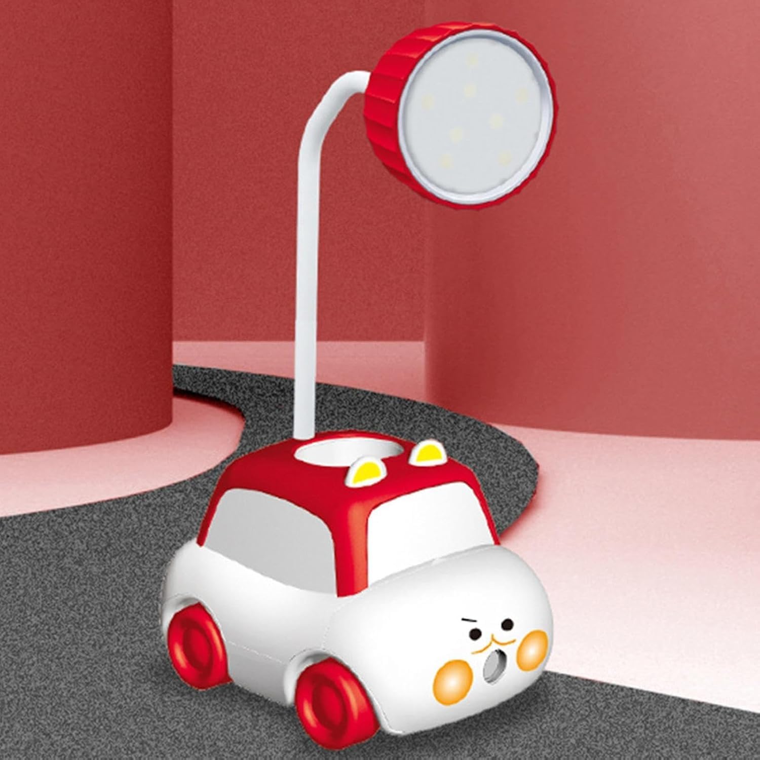 Car Small Study Desk LED Lamp Rechargeable, 360° Flexible Gooseneck Lamp with Pen Holder, Pencil Sharpener, Table Lamp for Girls Boys Room (Car), Red-image-47