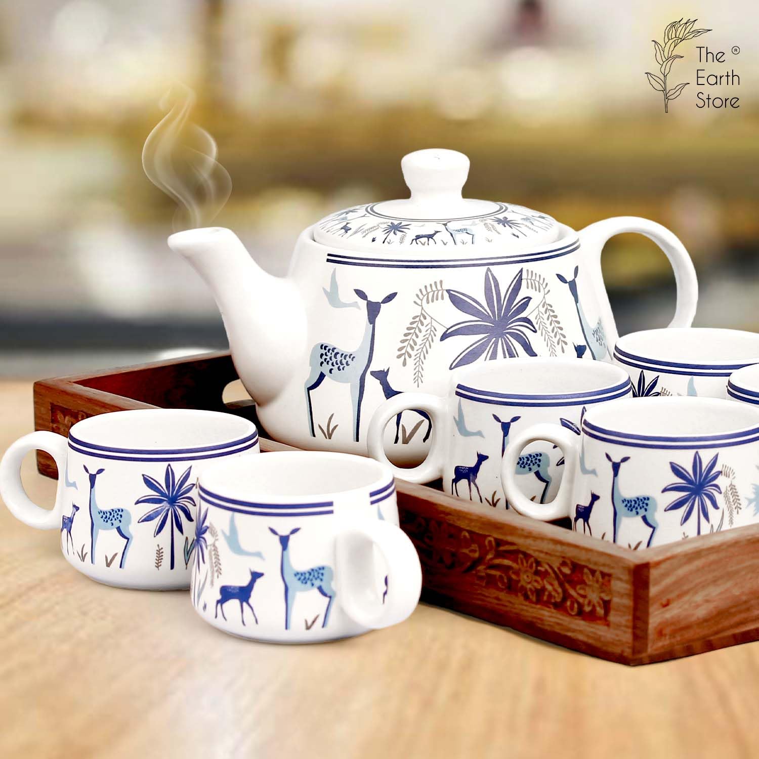 The Earth Store Handcrafted Ceramic Stag Blue Tea Cup Set with Kettle Microwave and Dishwasher Safe 6 Tea Cups & 1 Kettle | Tea Pot Set | Morning Set 1