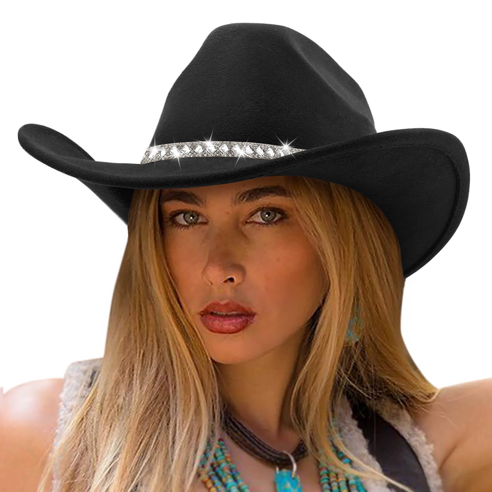 DRESHOW Western Cowboy Hat for Women and Men Wide Brim Glitter Cowboy Cowgirl Hats with Rhinestone Felt Fedora Unisex Rolled up Caps