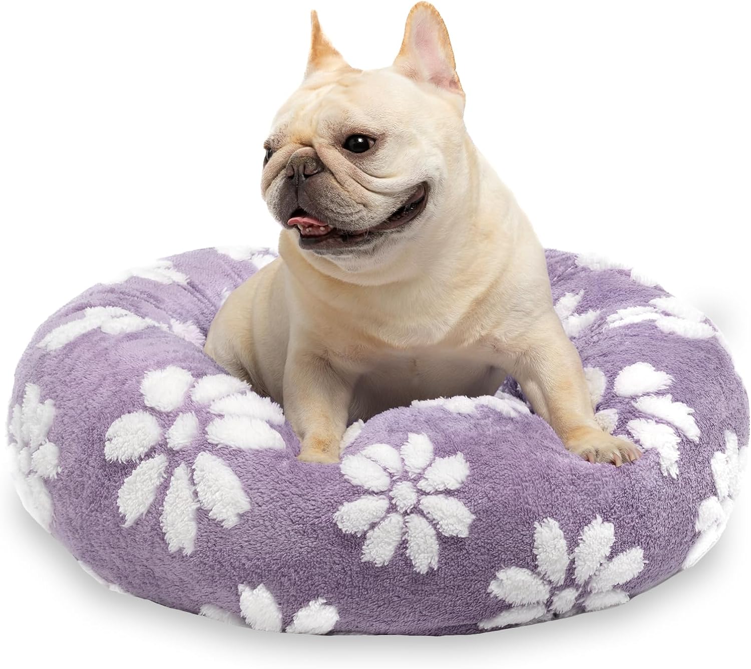 Donut Dog Beds for Small Dogs, Calming Round Cat Beds for Indoor Cats, Cute 3D Textured Flower Pet Bed with Removable Washable Cover and Anti-Slip Bottom（Purple，23"）