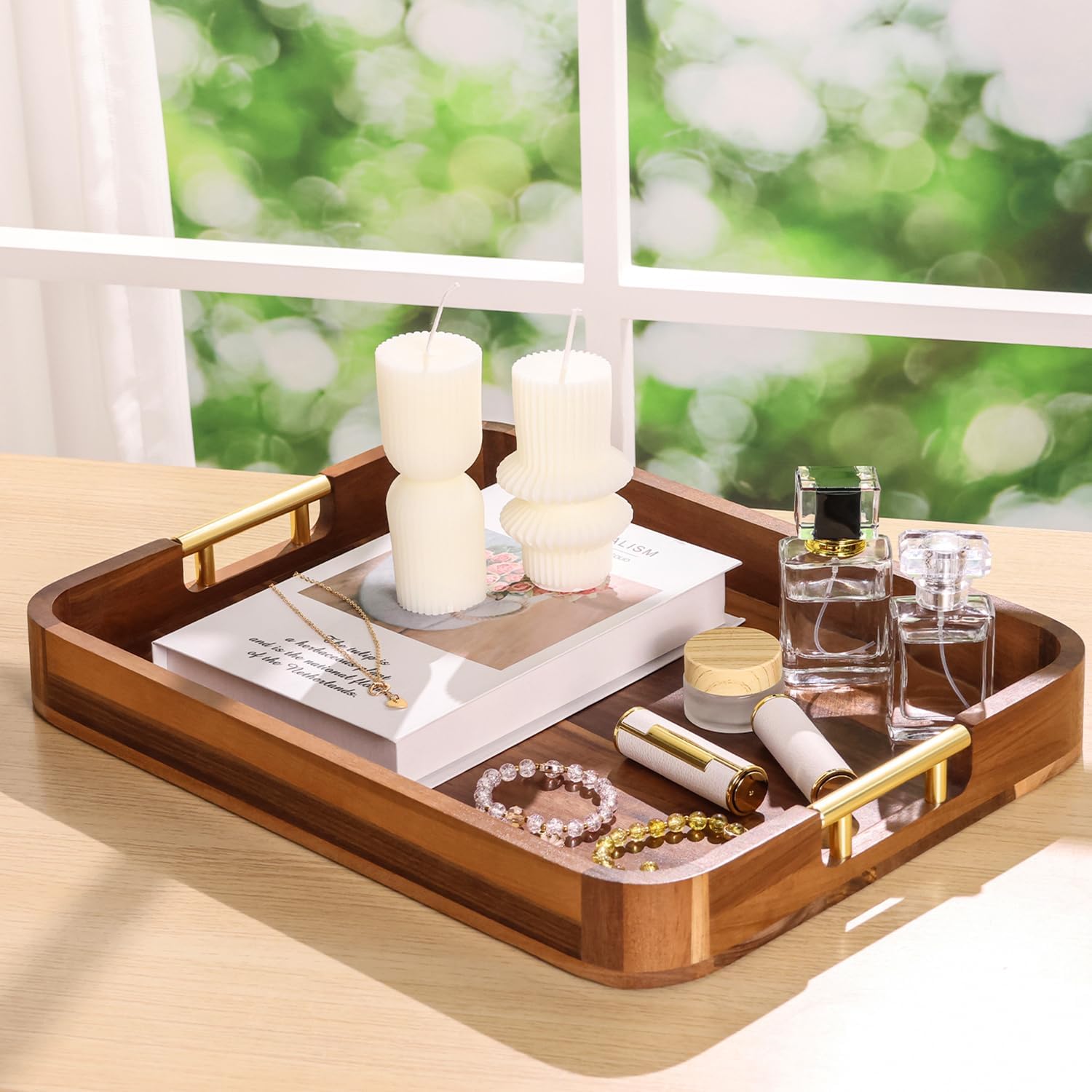 Wood Serving Tray with Metal Handles, Ottoman Tray Large Acacia Wooden Decorative Serving Tray for Coffee Table Living Room, 16.5" x 12.5" x 2.3" - Image 6