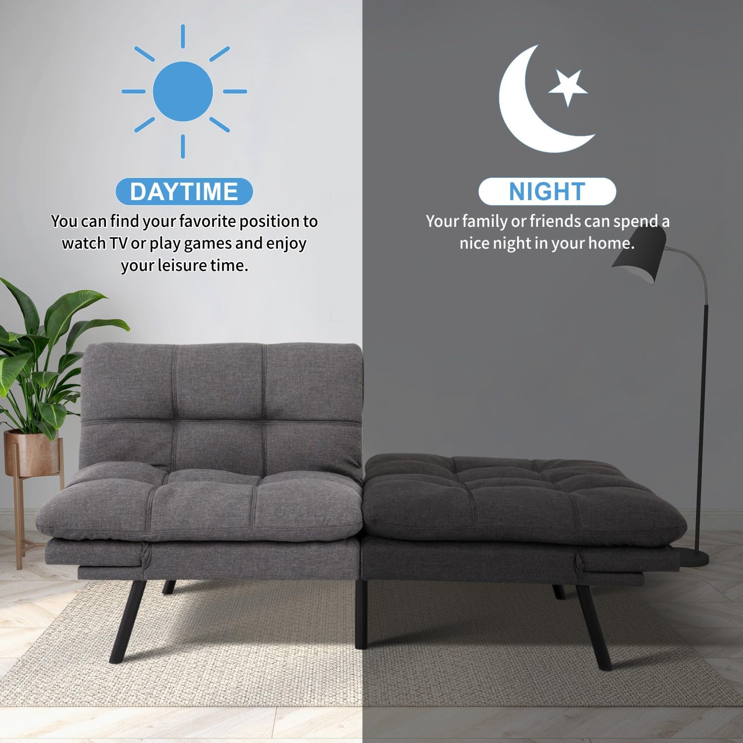 MUUEGM Futon Sofa Bed, 71" Convertible Linen Memory Foam Couch Bed, Modern Backrests Armrests Love Seat for Living Room,Apartment,Office,Charcoal Grey Sleeper Couch