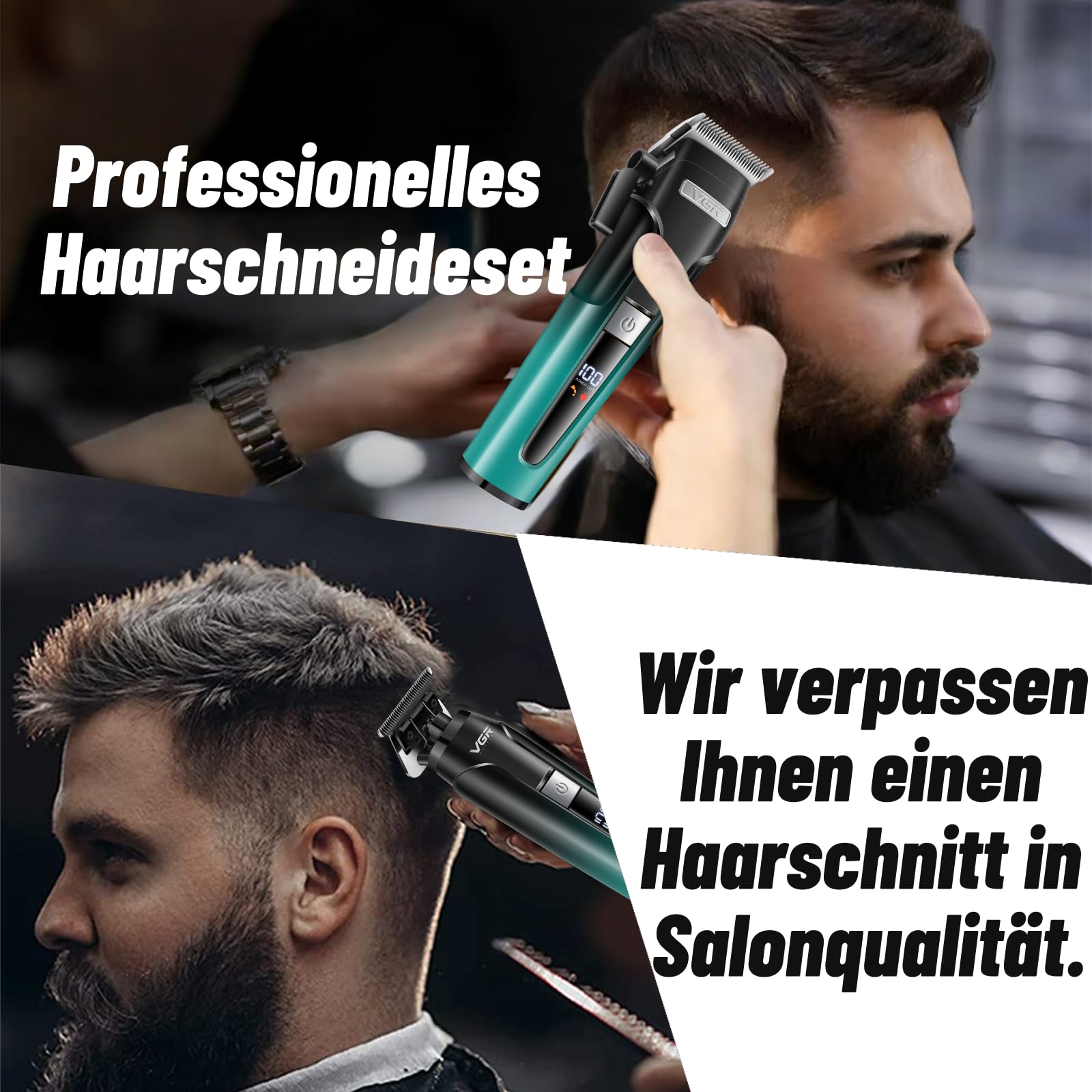 VGR 694 Haarschneidemaschine Profi Set Mit Magnetische Ladestation, Grün | Haarschneider Herren, Trimmer und Rasierer Set Mit LED Display, Barber Set mit Klinge Aus Keramik Kohlenstoffstahl