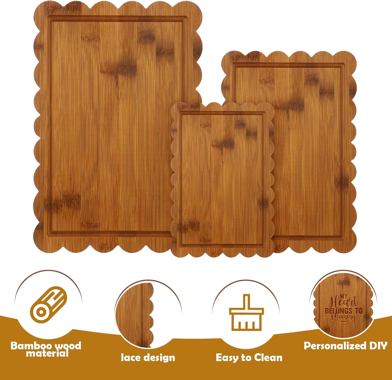 3 Pcs Charcoal Bamboo Wood Scalloped Cutting Boards for Kitchen with Juice Groove Blank Wood Charcuterie Tray for Snack Cheese Appetizers Grazing Platter Engraving Gift Crafts Rustic Wall