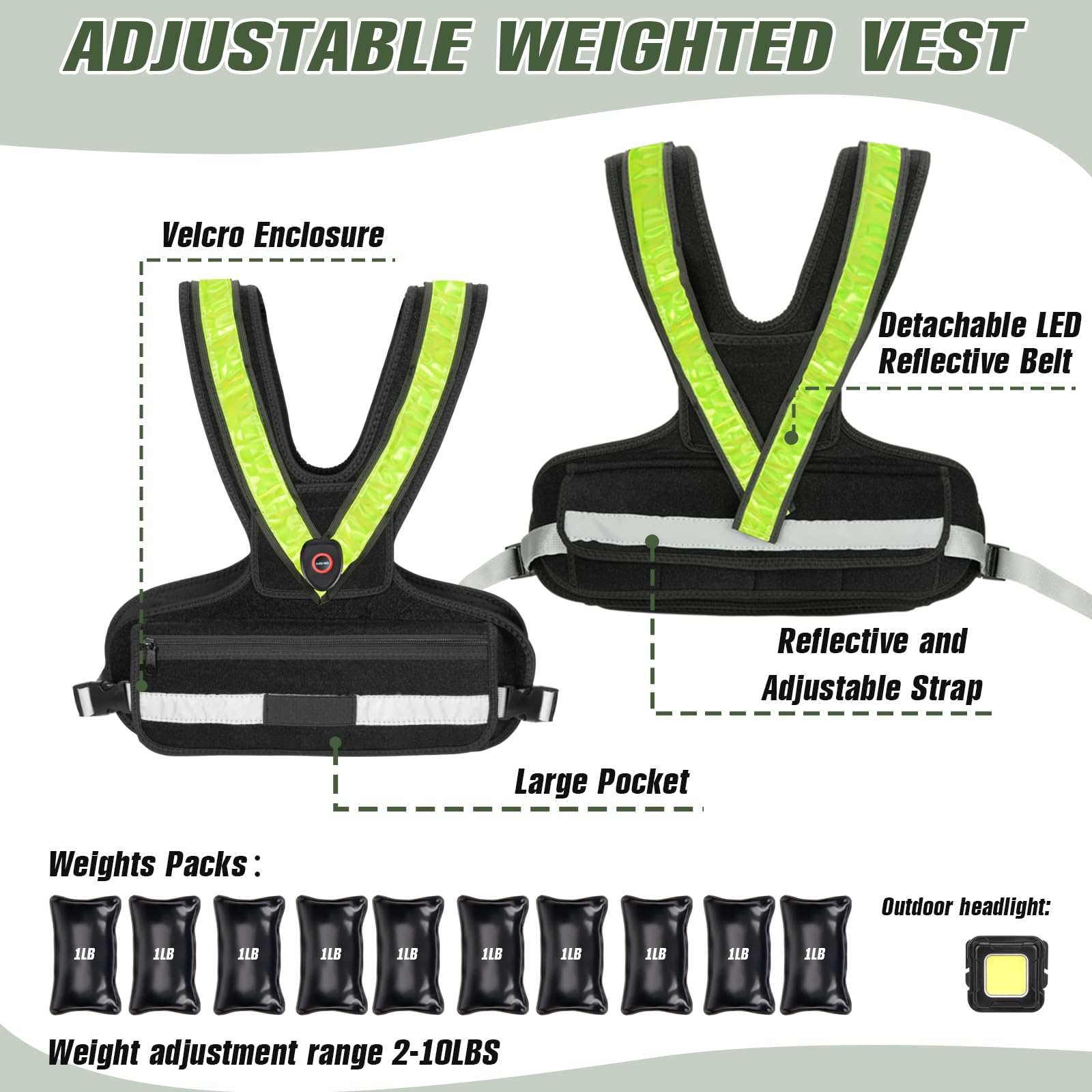 Weighted Vest for Women, Sport Running Weighted Vest with LED Reflective Belt and Outdoor Headlight, 2-10 lbs Weight Vest for Strength Training and Workout