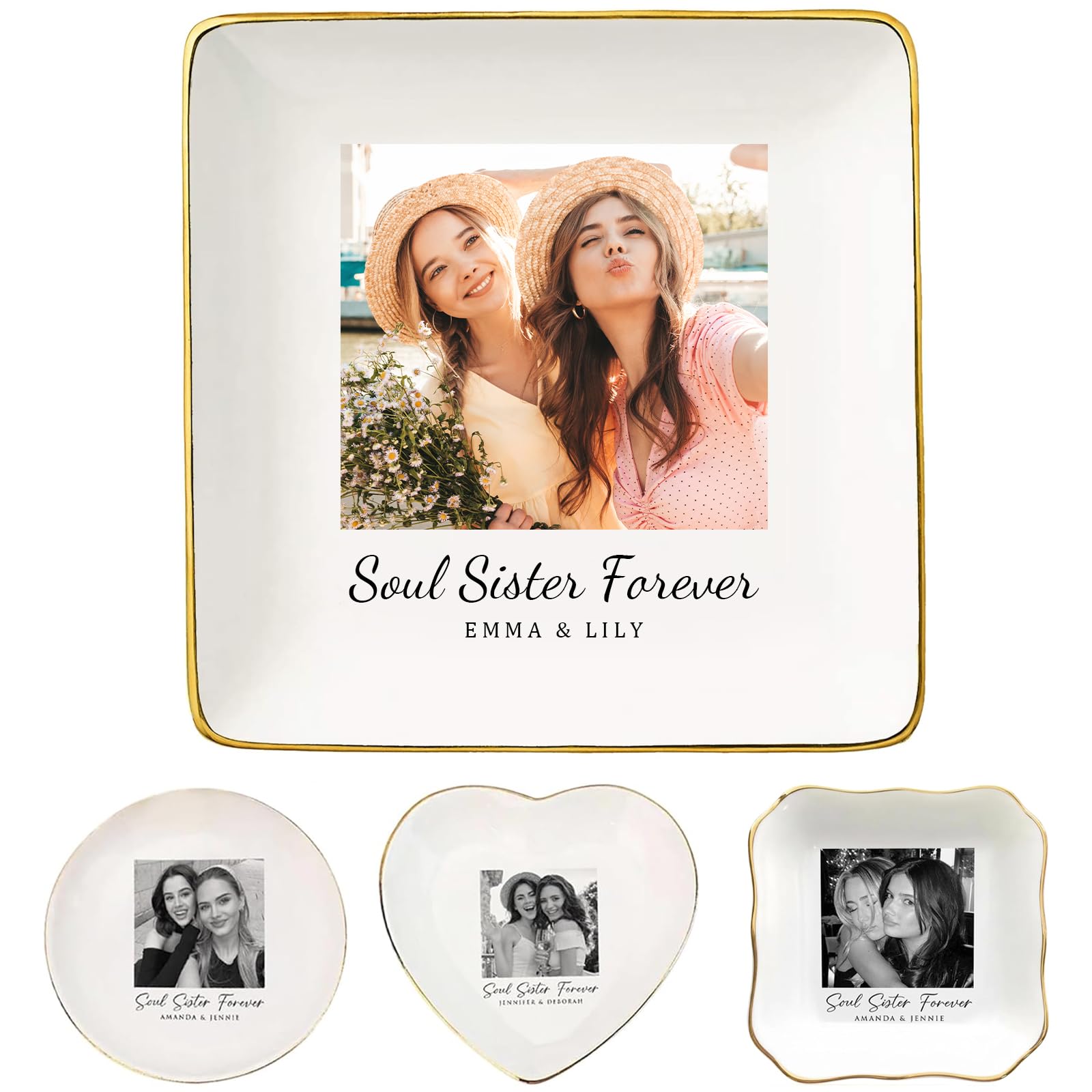 JYCASC Custom Friendship Photo Jewelry Dish, Personalized Ceramic Trinket Tray, Custom Soul Sister, BFF, Friendship Gift, Couple Portrait Keepsake, Birthday Wedding Bride To Be Gift