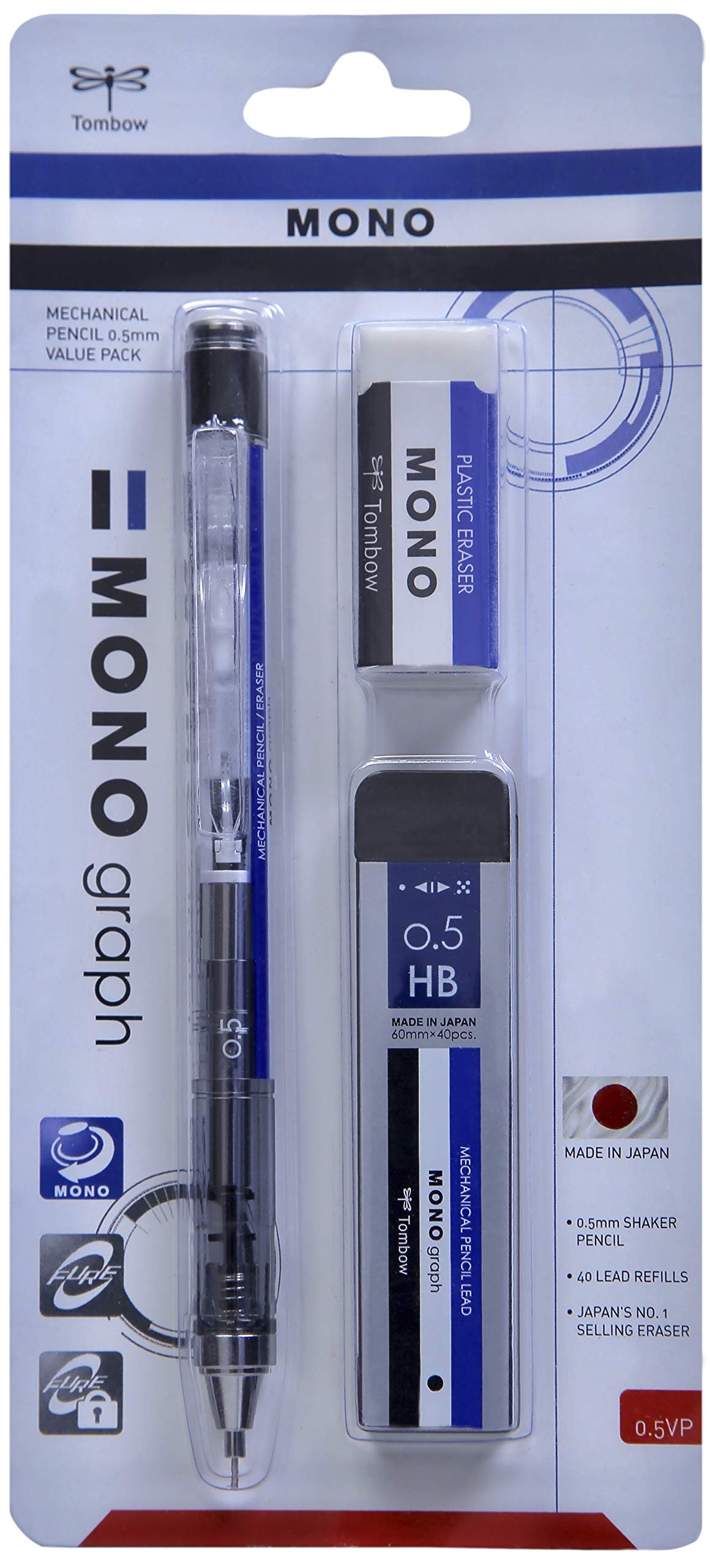 Mono Graph Mechanical Pencil 0.5Mm Value Pack,1 Mechanical Pencil+1 Tube Of 40 Hb Leads+1 Mono Eraser,(Mono),Blue