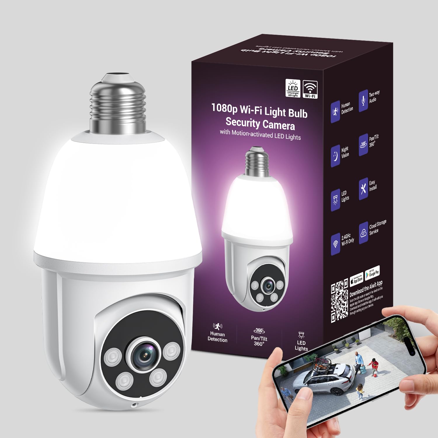 1080p Light Bulb Security Camera, 360° Panoramic Dome Cam,AI Human Detection, Color Night Vision, 2-Way Audio, Cloud Storage, Live View, Spotlights, 2.4G WiFi, Indoor Outdoor Surveillance