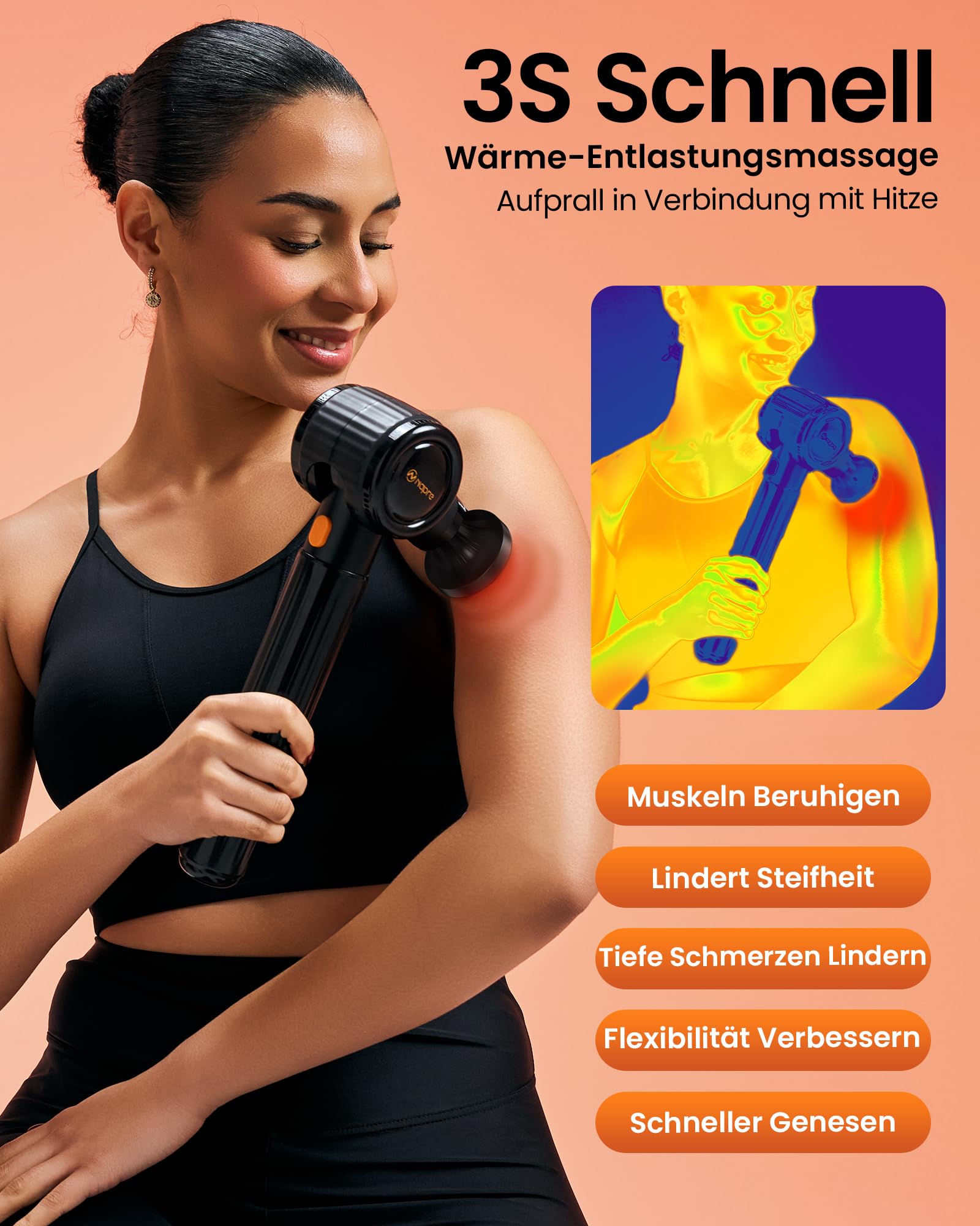Massagepistole mit Wärmefunktion und Rotlichttherapie,Napre Massage Gun Massage Pistole mit Verlängerungs Griff und 3 Einstellbaren Winkeln,Muskel Percussion Massagegerät für Rücken/Nacke Entspannung